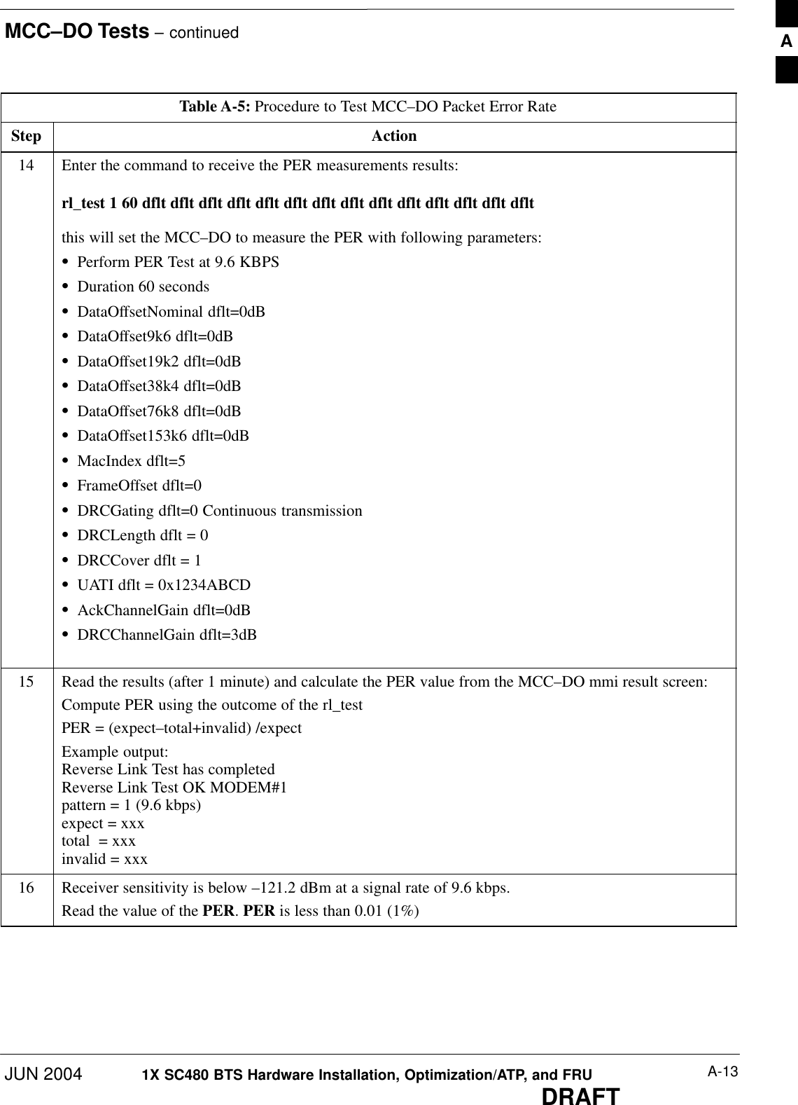 MCC–DO Tests – continuedJUN 2004 A-131X SC480 BTS Hardware Installation, Optimization/ATP, and FRUDRAFTTable A-5: Procedure to Test MCC–DO Packet Error RateStep Action14 Enter the command to receive the PER measurements results:rl_test 1 60 dflt dflt dflt dflt dflt dflt dflt dflt dflt dflt dflt dflt dflt dfltthis will set the MCC–DO to measure the PER with following parameters:SPerform PER Test at 9.6 KBPSSDuration 60 secondsSDataOffsetNominal dflt=0dBSDataOffset9k6 dflt=0dBSDataOffset19k2 dflt=0dBSDataOffset38k4 dflt=0dBSDataOffset76k8 dflt=0dBSDataOffset153k6 dflt=0dBSMacIndex dflt=5SFrameOffset dflt=0SDRCGating dflt=0 Continuous transmissionSDRCLength dflt = 0SDRCCover dflt = 1SUATI dflt = 0x1234ABCDSAckChannelGain dflt=0dBSDRCChannelGain dflt=3dB 15 Read the results (after 1 minute) and calculate the PER value from the MCC–DO mmi result screen:Compute PER using the outcome of the rl_testPER = (expect–total+invalid) /expectExample output:Reverse Link Test has completedReverse Link Test OK MODEM#1pattern = 1 (9.6 kbps)expect = xxxtotal  = xxxinvalid = xxx16 Receiver sensitivity is below –121.2 dBm at a signal rate of 9.6 kbps.Read the value of the PER. PER is less than 0.01 (1%)  A