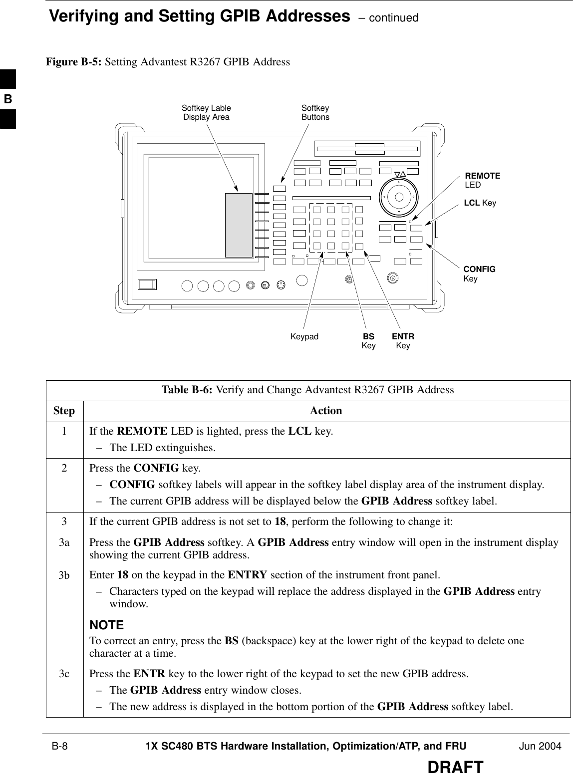 Verifying and Setting GPIB Addresses  – continued B-8 1X SC480 BTS Hardware Installation, Optimization/ATP, and FRU Jun 2004DRAFTFigure B-5: Setting Advantest R3267 GPIB AddressonREMOTELEDLCL KeyCONFIGKeySoftkey LableDisplay Area SoftkeyButtonsKeypad BSKey ENTRKeyTable B-6: Verify and Change Advantest R3267 GPIB AddressStep Action1If the REMOTE LED is lighted, press the LCL key.– The LED extinguishes.2Press the CONFIG key.–CONFIG softkey labels will appear in the softkey label display area of the instrument display.– The current GPIB address will be displayed below the GPIB Address softkey label.3If the current GPIB address is not set to 18, perform the following to change it:3a Press the GPIB Address softkey. A GPIB Address entry window will open in the instrument displayshowing the current GPIB address.3b Enter 18 on the keypad in the ENTRY section of the instrument front panel.– Characters typed on the keypad will replace the address displayed in the GPIB Address entrywindow.NOTETo correct an entry, press the BS (backspace) key at the lower right of the keypad to delete onecharacter at a time.3c Press the ENTR key to the lower right of the keypad to set the new GPIB address.– The GPIB Address entry window closes.– The new address is displayed in the bottom portion of the GPIB Address softkey label. B