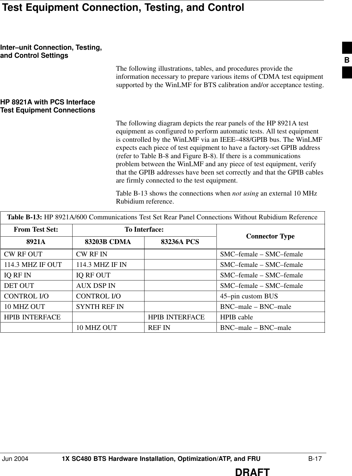 Test Equipment Connection, Testing, and ControlJun 2004 1X SC480 BTS Hardware Installation, Optimization/ATP, and FRU  B-17DRAFTInter–unit Connection, Testing,and Control SettingsThe following illustrations, tables, and procedures provide theinformation necessary to prepare various items of CDMA test equipmentsupported by the WinLMF for BTS calibration and/or acceptance testing.HP 8921A with PCS InterfaceTest Equipment ConnectionsThe following diagram depicts the rear panels of the HP 8921A testequipment as configured to perform automatic tests. All test equipmentis controlled by the WinLMF via an IEEE–488/GPIB bus. The WinLMFexpects each piece of test equipment to have a factory-set GPIB address(refer to Table B-8 and Figure B-8). If there is a communicationsproblem between the WinLMF and any piece of test equipment, verifythat the GPIB addresses have been set correctly and that the GPIB cablesare firmly connected to the test equipment.Table B-13 shows the connections when not using an external 10 MHzRubidium reference.Table B-13: HP 8921A/600 Communications Test Set Rear Panel Connections Without Rubidium ReferenceFrom Test Set: To Interface:Connector Type8921A 83203B CDMA 83236A PCSConnector TypeCW RF OUT CW RF IN SMC–female – SMC–female114.3 MHZ IF OUT 114.3 MHZ IF IN SMC–female – SMC–femaleIQ RF IN IQ RF OUT SMC–female – SMC–femaleDET OUT AUX DSP IN SMC–female – SMC–femaleCONTROL I/O CONTROL I/O 45–pin custom BUS10 MHZ OUT SYNTH REF IN BNC–male – BNC–maleHPIB INTERFACE HPIB INTERFACE HPIB cable10 MHZ OUT REF IN BNC–male – BNC–maleB