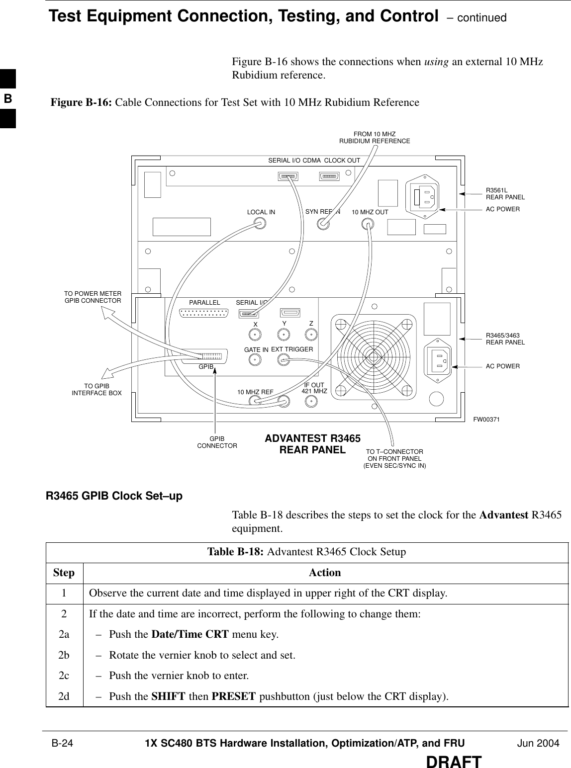 Test Equipment Connection, Testing, and Control  – continued B-24 1X SC480 BTS Hardware Installation, Optimization/ATP, and FRU Jun 2004DRAFTFigure B-16 shows the connections when using an external 10 MHzRubidium reference.SERIAL I/OGPIBCONNECTOR ADVANTEST R3465REAR PANELFROM 10 MHZRUBIDIUM REFERENCELOCAL INSERIAL I/OIF OUTSYN REF IN 10 MHZ OUTPARALLELEXT TRIGGER10 MHZ REFGATE INGPIBCDMA  CLOCK OUTAC POWERAC POWERR3465/3463REAR PANELR3561LREAR PANELTO T–CONNECTORON FRONT PANEL(EVEN SEC/SYNC IN)XYZ421 MHZTO POWER METERGPIB CONNECTORTO GPIBINTERFACE BOXFW00371Figure B-16: Cable Connections for Test Set with 10 MHz Rubidium ReferenceR3465 GPIB Clock Set–upTable B-18 describes the steps to set the clock for the Advantest R3465equipment.Table B-18: Advantest R3465 Clock SetupStep Action1Observe the current date and time displayed in upper right of the CRT display.2If the date and time are incorrect, perform the following to change them:2a – Push the Date/Time CRT menu key.2b – Rotate the vernier knob to select and set.2c – Push the vernier knob to enter.2d – Push the SHIFT then PRESET pushbutton (just below the CRT display).  B