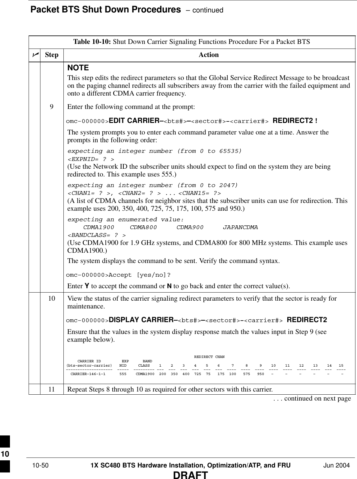 Packet BTS Shut Down Procedures  – continued 10-50 1X SC480 BTS Hardware Installation, Optimization/ATP, and FRU Jun 2004DRAFTTable 10-10: Shut Down Carrier Signaling Functions Procedure For a Packet BTSnActionStepNOTEThis step edits the redirect parameters so that the Global Service Redirect Message to be broadcaston the paging channel redirects all subscribers away from the carrier with the failed equipment andonto a different CDMA carrier frequency.9Enter the following command at the prompt:omc–000000&gt;EDIT CARRIER–&lt;bts#&gt;–&lt;sector#&gt;–&lt;carrier#&gt; REDIRECT2 !The system prompts you to enter each command parameter value one at a time. Answer theprompts in the following order:expecting an integer number (from 0 to 65535)&lt;EXPNID= ? &gt;(Use the Network ID the subscriber units should expect to find on the system they are beingredirected to. This example uses 555.)expecting an integer number (from 0 to 2047)&lt;CHAN1= ? &gt;, &lt;CHAN2= ? &gt; ... &lt;CHAN15= ?&gt;(A list of CDMA channels for neighbor sites that the subscriber units can use for redirection. Thisexample uses 200, 350, 400, 725, 75, 175, 100, 575 and 950.)expecting an enumerated value:    CDMA1900    CDMA800     CDMA900     JAPANCDMA&lt;BANDCLASS= ? &gt;(Use CDMA1900 for 1.9 GHz systems, and CDMA800 for 800 MHz systems. This example usesCDMA1900.)The system displays the command to be sent. Verify the command syntax.omc–000000&gt;Accept [yes/no]?Enter Y to accept the command or N to go back and enter the correct value(s).10 View the status of the carrier signaling redirect parameters to verify that the sector is ready formaintenance.omc–000000&gt;DISPLAY CARRIER–&lt;bts#&gt;–&lt;sector#&gt;–&lt;carrier#&gt; REDIRECT2Ensure that the values in the system display response match the values input in Step 9 (seeexample below).                                                       REDIRECT CHAN     CARRIER ID         EXP      BAND(bts–sector–carrier)   NID     CLASS    1    2    3    4    5    6     7     8     9    10    11    12    13    14   15––––––––––––––––––––  –––––  ––––––––– –––  –––  –––  –––  –––  –––  ––––  ––––  ––––  ––––  ––––  ––––  ––––  –––  ––––  CARRIER–146–1–1      555    CDMA1900  200  350  400  725  75   175  100   575   950   –     –     –     –     –     –   11 Repeat Steps 8 through 10 as required for other sectors with this carrier.. . . continued on next page10