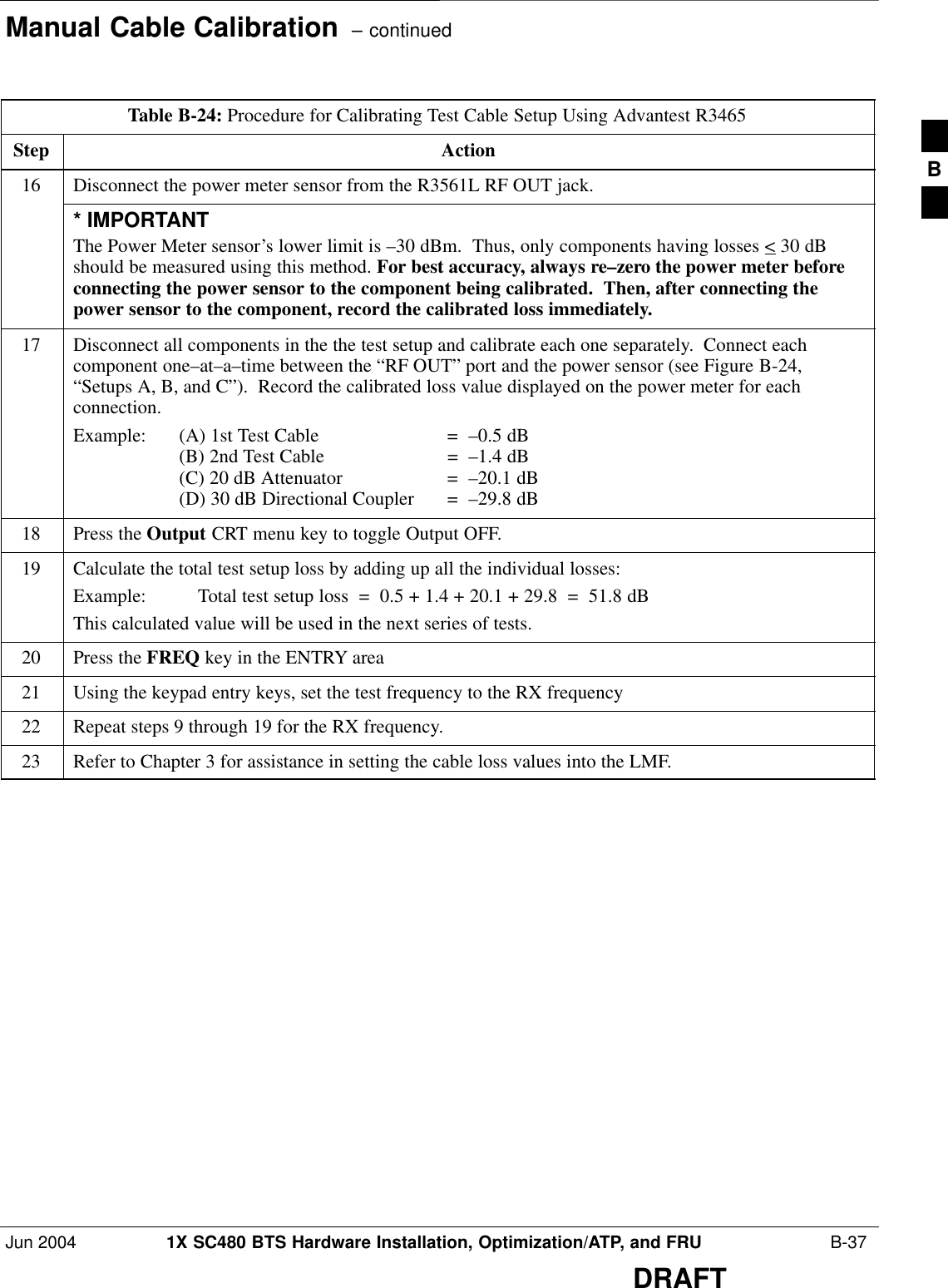Manual Cable Calibration  – continuedJun 2004 1X SC480 BTS Hardware Installation, Optimization/ATP, and FRU  B-37DRAFTTable B-24: Procedure for Calibrating Test Cable Setup Using Advantest R3465Step Action16 Disconnect the power meter sensor from the R3561L RF OUT jack.* IMPORTANTThe Power Meter sensor’s lower limit is –30 dBm.  Thus, only components having losses &lt; 30 dBshould be measured using this method. For best accuracy, always re–zero the power meter beforeconnecting the power sensor to the component being calibrated.  Then, after connecting thepower sensor to the component, record the calibrated loss immediately.17 Disconnect all components in the the test setup and calibrate each one separately.  Connect eachcomponent one–at–a–time between the “RF OUT” port and the power sensor (see Figure B-24,“Setups A, B, and C”).  Record the calibrated loss value displayed on the power meter for eachconnection.Example:  (A) 1st Test Cable =  –0.5 dB(B) 2nd Test Cable  =  –1.4 dB(C) 20 dB Attenuator  =  –20.1 dB(D) 30 dB Directional Coupler  =  –29.8 dB18 Press the Output CRT menu key to toggle Output OFF.19 Calculate the total test setup loss by adding up all the individual losses:Example:  Total test setup loss  =  0.5 + 1.4 + 20.1 + 29.8  =  51.8 dBThis calculated value will be used in the next series of tests.20 Press the FREQ key in the ENTRY area21 Using the keypad entry keys, set the test frequency to the RX frequency22 Repeat steps 9 through 19 for the RX frequency.23 Refer to Chapter 3 for assistance in setting the cable loss values into the LMF. B