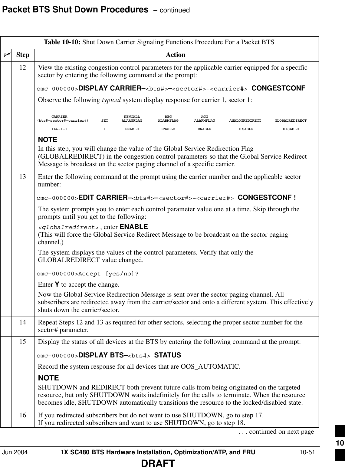 Packet BTS Shut Down Procedures  – continuedJun 2004 1X SC480 BTS Hardware Installation, Optimization/ATP, and FRU  10-51DRAFTTable 10-10: Shut Down Carrier Signaling Functions Procedure For a Packet BTSnActionStep12 View the existing congestion control parameters for the applicable carrier equipped for a specificsector by entering the following command at the prompt:omc–000000&gt;DISPLAY CARRIER–&lt;bts#&gt;–&lt;sector#&gt;–&lt;carrier#&gt; CONGESTCONFObserve the following typical system display response for carrier 1, sector 1:CARRIER NEWCALL REG AGG(bts#–sector#–carrier#) SET ALARMFLAG ALARMFLAG ALARMFLAG ANALOGREDIRECT GLOBALREDIRECT––––––––––––––––––––––– ––– ––––––––– –––––––––– –––––––––– –––––––––––––– ––––––––––––––146–1–1 1 ENABLE ENABLE ENABLE DISABLE DISABLENOTEIn this step, you will change the value of the Global Service Redirection Flag(GLOBALREDIRECT) in the congestion control parameters so that the Global Service RedirectMessage is broadcast on the sector paging channel of a specific carrier.13 Enter the following command at the prompt using the carrier number and the applicable sectornumber:omc–000000&gt;EDIT CARRIER–&lt;bts#&gt;–&lt;sector#&gt;–&lt;carrier#&gt; CONGESTCONF !The system prompts you to enter each control parameter value one at a time. Skip through theprompts until you get to the following:&lt;globalredirect&gt; , enter ENABLE (This will force the Global Service Redirect Message to be broadcast on the sector pagingchannel.)The system displays the values of the control parameters. Verify that only theGLOBALREDIRECT value changed.omc–000000&gt;Accept [yes/no]?Enter Y to accept the change.Now the Global Service Redirection Message is sent over the sector paging channel. Allsubscribers are redirected away from the carrier/sector and onto a different system. This effectivelyshuts down the carrier/sector.14 Repeat Steps 12 and 13 as required for other sectors, selecting the proper sector number for thesector# parameter.15 Display the status of all devices at the BTS by entering the following command at the prompt:omc–000000&gt;DISPLAY BTS–&lt;bts#&gt; STATUSRecord the system response for all devices that are OOS_AUTOMATIC.NOTESHUTDOWN and REDIRECT both prevent future calls from being originated on the targetedresource, but only SHUTDOWN waits indefinitely for the calls to terminate. When the resourcebecomes idle, SHUTDOWN automatically transitions the resource to the locked/disabled state.16 If you redirected subscribers but do not want to use SHUTDOWN, go to step 17.If you redirected subscribers and want to use SHUTDOWN, go to step 18.. . . continued on next page10