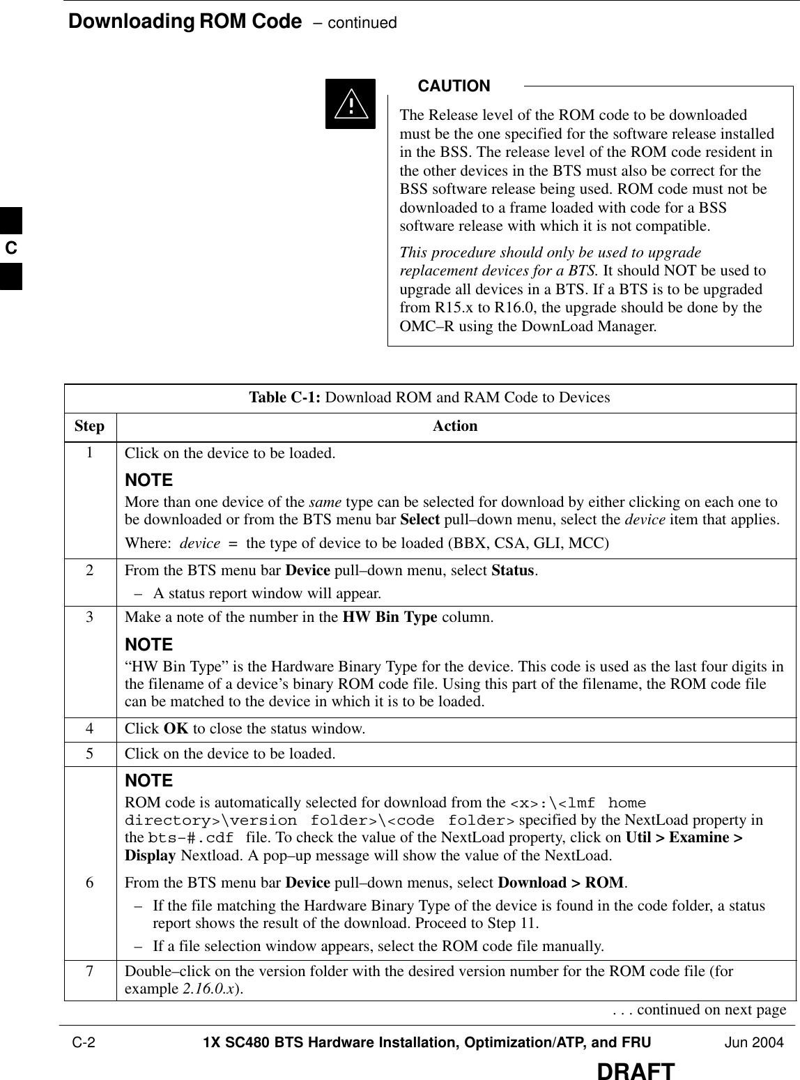 Downloading ROM Code  – continued C-2 1X SC480 BTS Hardware Installation, Optimization/ATP, and FRU Jun 2004DRAFTThe Release level of the ROM code to be downloadedmust be the one specified for the software release installedin the BSS. The release level of the ROM code resident inthe other devices in the BTS must also be correct for theBSS software release being used. ROM code must not bedownloaded to a frame loaded with code for a BSSsoftware release with which it is not compatible.This procedure should only be used to upgradereplacement devices for a BTS. It should NOT be used toupgrade all devices in a BTS. If a BTS is to be upgradedfrom R15.x to R16.0, the upgrade should be done by theOMC–R using the DownLoad Manager.CAUTIONTable C-1: Download ROM and RAM Code to DevicesStep Action1Click on the device to be loaded.NOTEMore than one device of the same type can be selected for download by either clicking on each one tobe downloaded or from the BTS menu bar Select pull–down menu, select the device item that applies.Where:  device  =  the type of device to be loaded (BBX, CSA, GLI, MCC)2From the BTS menu bar Device pull–down menu, select Status.– A status report window will appear.3Make a note of the number in the HW Bin Type column.NOTE“HW Bin Type” is the Hardware Binary Type for the device. This code is used as the last four digits inthe filename of a device’s binary ROM code file. Using this part of the filename, the ROM code filecan be matched to the device in which it is to be loaded.4 Click OK to close the status window.5Click on the device to be loaded.NOTEROM code is automatically selected for download from the &lt;x&gt;:\&lt;lmf homedirectory&gt;\version folder&gt;\&lt;code folder&gt; specified by the NextLoad property inthe bts–#.cdf file. To check the value of the NextLoad property, click on Util &gt; Examine &gt;Display Nextload. A pop–up message will show the value of the NextLoad.6From the BTS menu bar Device pull–down menus, select Download &gt; ROM.– If the file matching the Hardware Binary Type of the device is found in the code folder, a statusreport shows the result of the download. Proceed to Step 11.– If a file selection window appears, select the ROM code file manually.7Double–click on the version folder with the desired version number for the ROM code file (forexample 2.16.0.x).. . . continued on next pageC