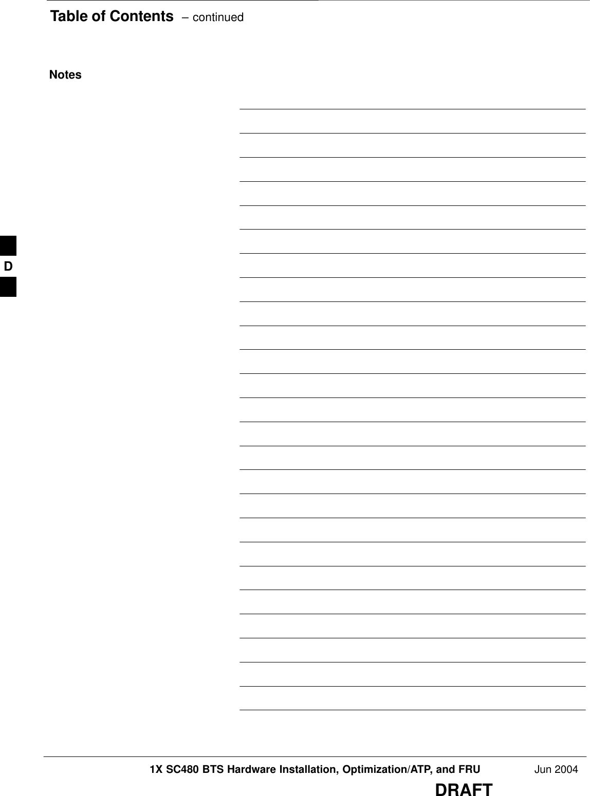 Table of Contents  – continued1X SC480 BTS Hardware Installation, Optimization/ATP, and FRU Jun 2004DRAFTNotesD