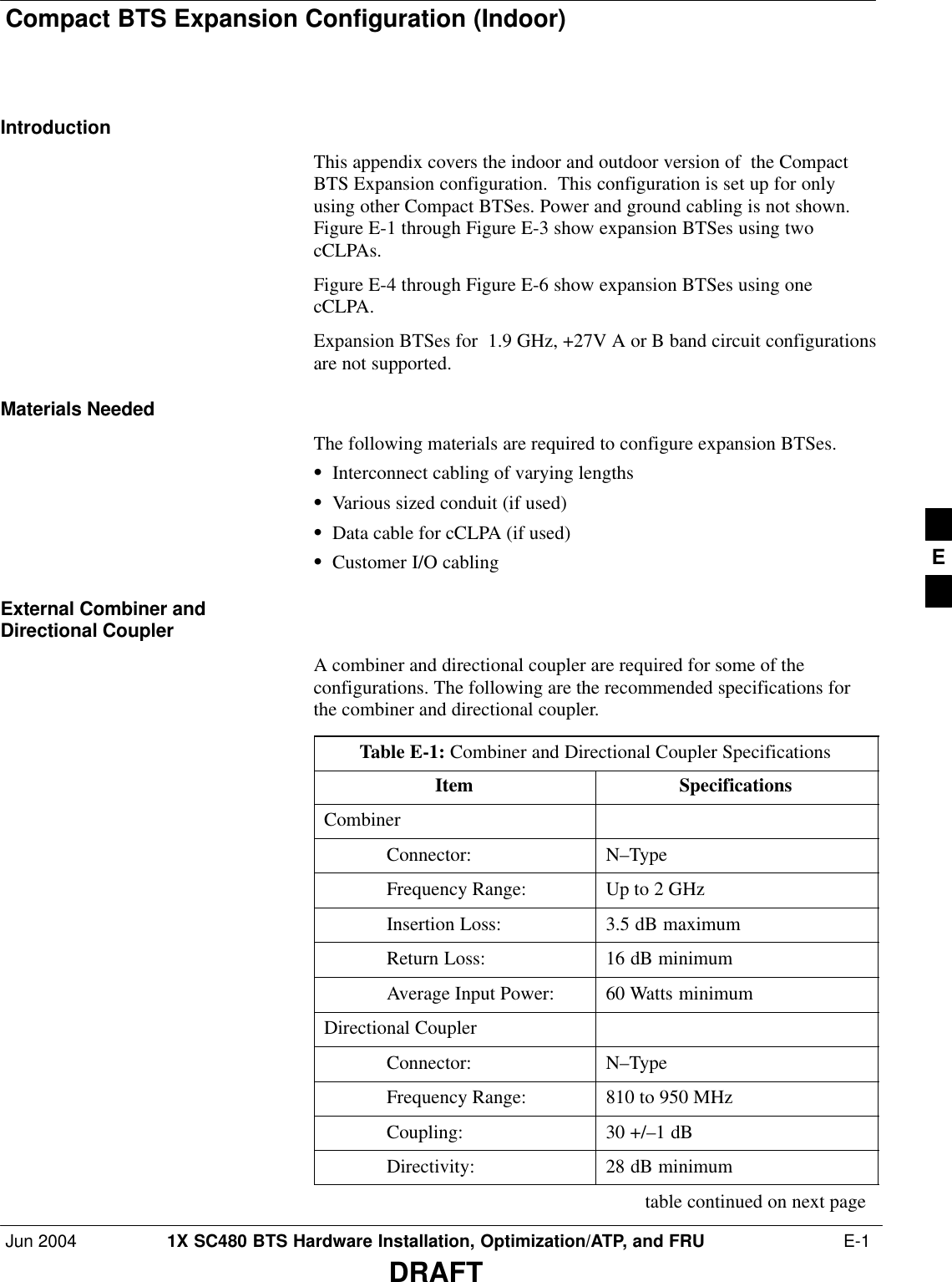 Compact BTS Expansion Configuration (Indoor)Jun 2004 1X SC480 BTS Hardware Installation, Optimization/ATP, and FRU  E-1DRAFTIntroductionThis appendix covers the indoor and outdoor version of  the CompactBTS Expansion configuration.  This configuration is set up for onlyusing other Compact BTSes. Power and ground cabling is not shown.Figure E-1 through Figure E-3 show expansion BTSes using twocCLPAs.Figure E-4 through Figure E-6 show expansion BTSes using onecCLPA.Expansion BTSes for  1.9 GHz, +27V A or B band circuit configurationsare not supported.Materials NeededThe following materials are required to configure expansion BTSes.SInterconnect cabling of varying lengthsSVarious sized conduit (if used)SData cable for cCLPA (if used)SCustomer I/O cablingExternal Combiner andDirectional CouplerA combiner and directional coupler are required for some of theconfigurations. The following are the recommended specifications forthe combiner and directional coupler.Table E-1: Combiner and Directional Coupler SpecificationsItem SpecificationsCombinerConnector: N–TypeFrequency Range: Up to 2 GHzInsertion Loss: 3.5 dB maximumReturn Loss: 16 dB minimumAverage Input Power: 60 Watts minimumDirectional CouplerConnector: N–TypeFrequency Range: 810 to 950 MHzCoupling: 30 +/–1 dBDirectivity: 28 dB minimumtable continued on next pageE