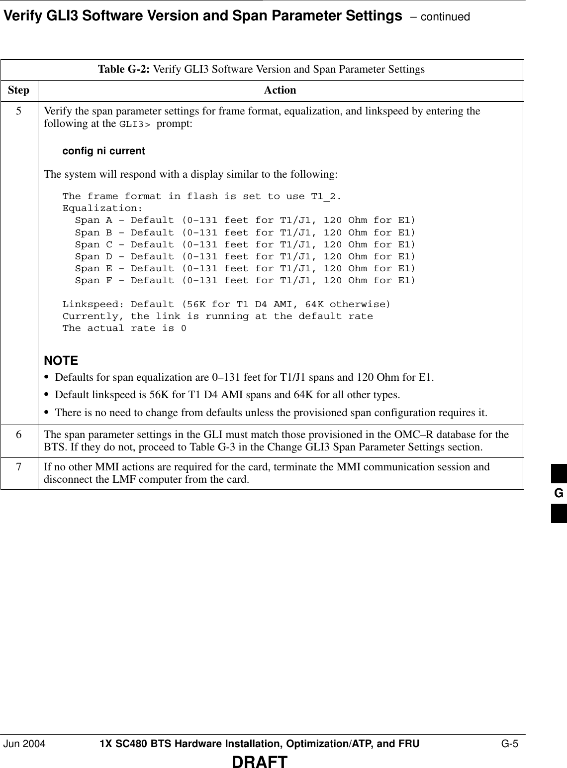 Verify GLI3 Software Version and Span Parameter Settings  – continuedJun 2004 1X SC480 BTS Hardware Installation, Optimization/ATP, and FRU  G-5DRAFTTable G-2: Verify GLI3 Software Version and Span Parameter SettingsStep Action5Verify the span parameter settings for frame format, equalization, and linkspeed by entering thefollowing at the GLI3&gt;  prompt:config ni currentThe system will respond with a display similar to the following:The frame format in flash is set to use T1_2.Equalization:  Span A – Default (0–131 feet for T1/J1, 120 Ohm for E1)  Span B – Default (0–131 feet for T1/J1, 120 Ohm for E1)  Span C – Default (0–131 feet for T1/J1, 120 Ohm for E1)  Span D – Default (0–131 feet for T1/J1, 120 Ohm for E1)  Span E – Default (0–131 feet for T1/J1, 120 Ohm for E1)  Span F – Default (0–131 feet for T1/J1, 120 Ohm for E1)Linkspeed: Default (56K for T1 D4 AMI, 64K otherwise)Currently, the link is running at the default rate The actual rate is 0NOTESDefaults for span equalization are 0–131 feet for T1/J1 spans and 120 Ohm for E1.SDefault linkspeed is 56K for T1 D4 AMI spans and 64K for all other types.SThere is no need to change from defaults unless the provisioned span configuration requires it.6The span parameter settings in the GLI must match those provisioned in the OMC–R database for theBTS. If they do not, proceed to Table G-3 in the Change GLI3 Span Parameter Settings section.7If no other MMI actions are required for the card, terminate the MMI communication session anddisconnect the LMF computer from the card. G