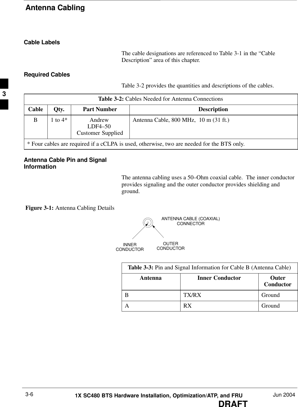 Antenna CablingDRAFT1X SC480 BTS Hardware Installation, Optimization/ATP, and FRU Jun 20043-6Cable LabelsThe cable designations are referenced to Table 3-1 in the “CableDescription” area of this chapter.Required CablesTable 3-2 provides the quantities and descriptions of the cables.Table 3-2: Cables Needed for Antenna ConnectionsCable Qty. Part Number DescriptionB1 to 4* Andrew LDF4–50 Customer SuppliedAntenna Cable, 800 MHz,  10 m (31 ft.)* Four cables are required if a cCLPA is used, otherwise, two are needed for the BTS only.Antenna Cable Pin and SignalInformationThe antenna cabling uses a 50–Ohm coaxial cable.  The inner conductorprovides signaling and the outer conductor provides shielding andground.Figure 3-1: Antenna Cabling DetailsOUTERCONDUCTORINNERCONDUCTORANTENNA CABLE (COAXIAL)CONNECTORTable 3-3: Pin and Signal Information for Cable B (Antenna Cable)Antenna Inner Conductor OuterConductorB TX/RX GroundA RX Ground3