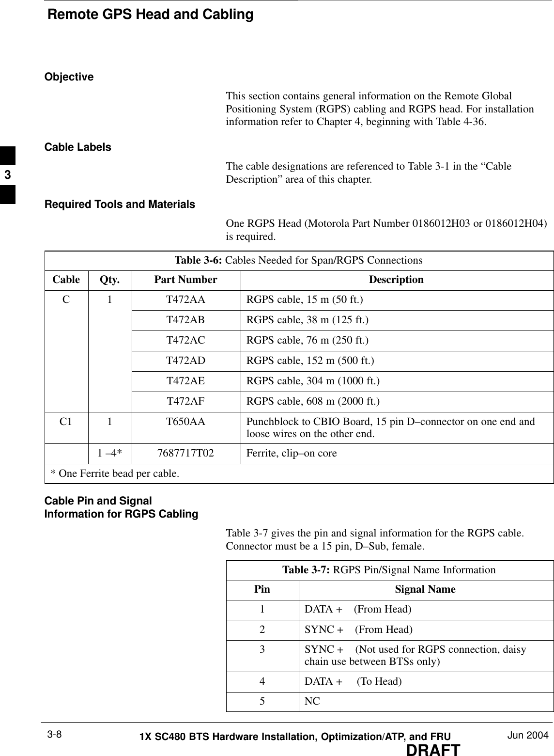 Remote GPS Head and CablingDRAFT1X SC480 BTS Hardware Installation, Optimization/ATP, and FRU Jun 20043-8ObjectiveThis section contains general information on the Remote GlobalPositioning System (RGPS) cabling and RGPS head. For installationinformation refer to Chapter 4, beginning with Table 4-36.Cable LabelsThe cable designations are referenced to Table 3-1 in the “CableDescription” area of this chapter.Required Tools and MaterialsOne RGPS Head (Motorola Part Number 0186012H03 or 0186012H04)is required.Table 3-6: Cables Needed for Span/RGPS ConnectionsCable Qty. Part Number DescriptionC 1 T472AA RGPS cable, 15 m (50 ft.)T472AB RGPS cable, 38 m (125 ft.)T472AC RGPS cable, 76 m (250 ft.)T472AD RGPS cable, 152 m (500 ft.)T472AE RGPS cable, 304 m (1000 ft.)T472AF RGPS cable, 608 m (2000 ft.)C1 1 T650AA Punchblock to CBIO Board, 15 pin D–connector on one end andloose wires on the other end.1 –4* 7687717T02 Ferrite, clip–on core* One Ferrite bead per cable.Cable Pin and SignalInformation for RGPS CablingTable 3-7 gives the pin and signal information for the RGPS cable.Connector must be a 15 pin, D–Sub, female.Table 3-7: RGPS Pin/Signal Name InformationPin Signal Name1DATA +    (From Head)2SYNC +    (From Head)3SYNC +    (Not used for RGPS connection, daisychain use between BTSs only)4DATA +     (To Head)5 NC3