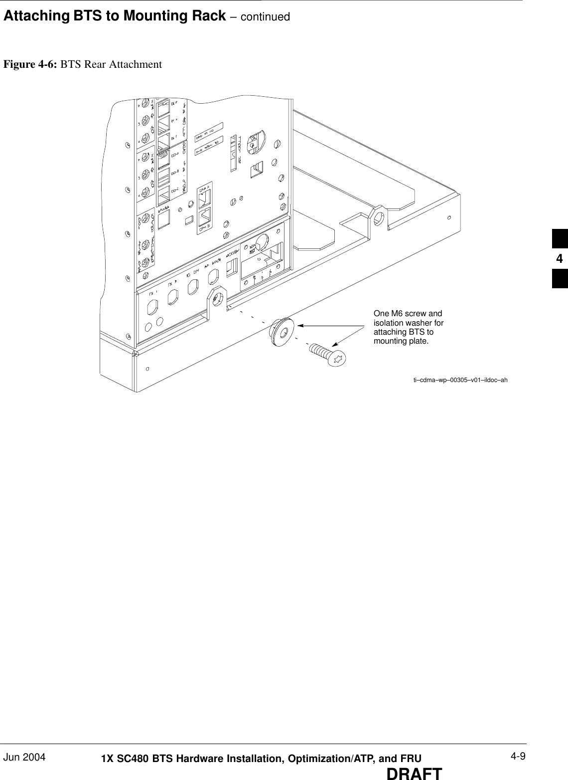 Attaching BTS to Mounting Rack – continuedJun 2004 4-91X SC480 BTS Hardware Installation, Optimization/ATP, and FRUDRAFTFigure 4-6: BTS Rear AttachmentOne M6 screw andisolation washer forattaching BTS tomounting plate.ti–cdma–wp–00305–v01–ildoc–ah4