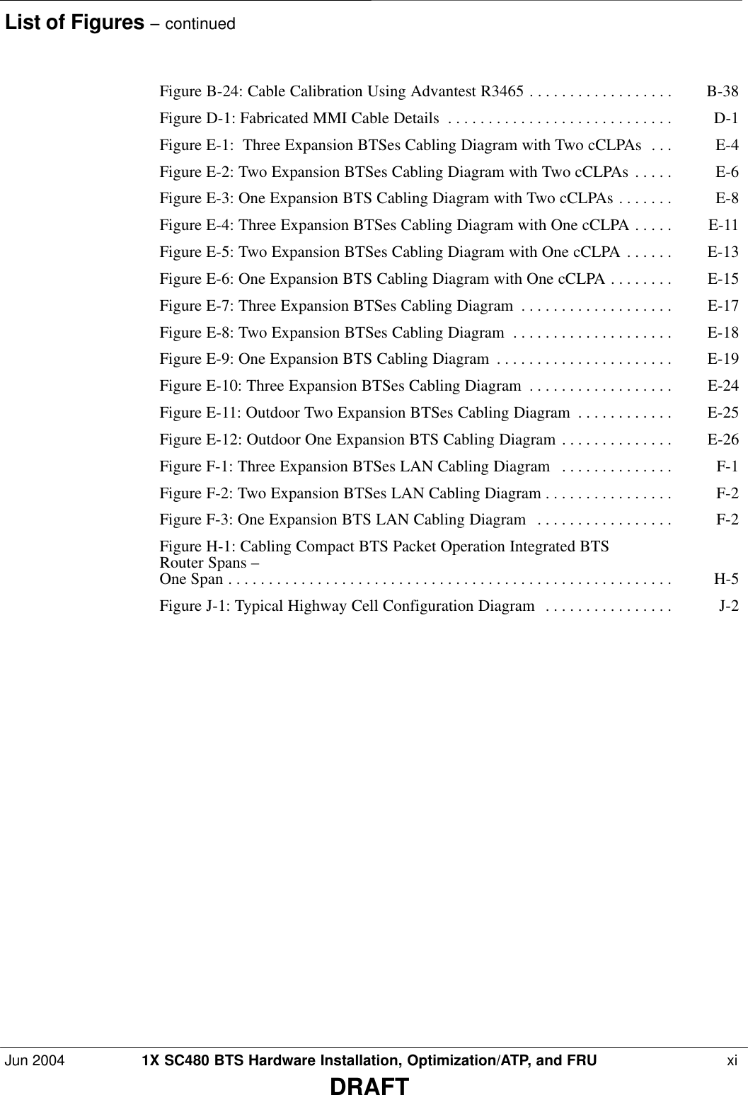 List of Figures – continuedJun 2004 1X SC480 BTS Hardware Installation, Optimization/ATP, and FRU  xiDRAFTFigure B-24: Cable Calibration Using Advantest R3465 B-38 . . . . . . . . . . . . . . . . . . Figure D-1: Fabricated MMI Cable Details D-1 . . . . . . . . . . . . . . . . . . . . . . . . . . . . Figure E-1:  Three Expansion BTSes Cabling Diagram with Two cCLPAs E-4 . . . Figure E-2: Two Expansion BTSes Cabling Diagram with Two cCLPAs E-6 . . . . . Figure E-3: One Expansion BTS Cabling Diagram with Two cCLPAs E-8 . . . . . . . Figure E-4: Three Expansion BTSes Cabling Diagram with One cCLPA E-11 . . . . . Figure E-5: Two Expansion BTSes Cabling Diagram with One cCLPA E-13 . . . . . . Figure E-6: One Expansion BTS Cabling Diagram with One cCLPA E-15 . . . . . . . . Figure E-7: Three Expansion BTSes Cabling Diagram E-17 . . . . . . . . . . . . . . . . . . . Figure E-8: Two Expansion BTSes Cabling Diagram E-18 . . . . . . . . . . . . . . . . . . . . Figure E-9: One Expansion BTS Cabling Diagram E-19 . . . . . . . . . . . . . . . . . . . . . . Figure E-10: Three Expansion BTSes Cabling Diagram E-24 . . . . . . . . . . . . . . . . . . Figure E-11: Outdoor Two Expansion BTSes Cabling Diagram E-25 . . . . . . . . . . . . Figure E-12: Outdoor One Expansion BTS Cabling Diagram E-26 . . . . . . . . . . . . . . Figure F-1: Three Expansion BTSes LAN Cabling Diagram F-1 . . . . . . . . . . . . . . Figure F-2: Two Expansion BTSes LAN Cabling Diagram F-2 . . . . . . . . . . . . . . . . Figure F-3: One Expansion BTS LAN Cabling Diagram F-2 . . . . . . . . . . . . . . . . . Figure H-1: Cabling Compact BTS Packet Operation Integrated BTS Router Spans – One Span H-5 . . . . . . . . . . . . . . . . . . . . . . . . . . . . . . . . . . . . . . . . . . . . . . . . . . . . . . . Figure J-1: Typical Highway Cell Configuration Diagram J-2 . . . . . . . . . . . . . . . . 