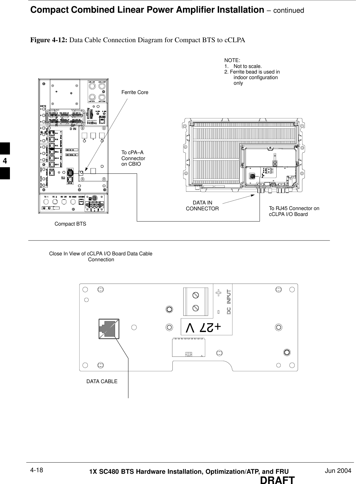 Compact Combined Linear Power Amplifier Installation – continuedDRAFT1X SC480 BTS Hardware Installation, Optimization/ATP, and FRU Jun 20044-18Figure 4-12: Data Cable Connection Diagram for Compact BTS to cCLPANOTE:1. Not to scale.2. Ferrite bead is used inindoor configurationonlyCompact BTSTo cPA–AConnectoron CBIODATA INCONNECTORDATA CABLEClose In View of cCLPA I/O Board Data CableConnectionTo RJ45 Connector oncCLPA I/O BoardFerrite CoreRF–GPD INPWR4