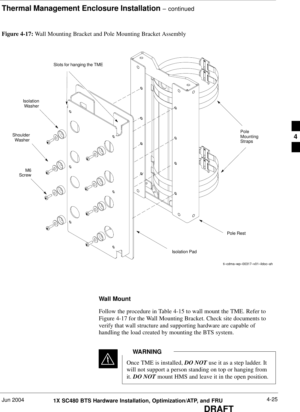 Thermal Management Enclosure Installation – continuedJun 2004 4-251X SC480 BTS Hardware Installation, Optimization/ATP, and FRUDRAFTFigure 4-17: Wall Mounting Bracket and Pole Mounting Bracket Assemblyti–cdma–wp–00317–v01–ildoc–ahSlots for hanging the TMEIsolation PadIsolationWasherShoulderWasherM6ScrewPoleMountingStrapsPole RestWall MountFollow the procedure in Table 4-15 to wall mount the TME. Refer toFigure 4-17 for the Wall Mounting Bracket. Check site documents toverify that wall structure and supporting hardware are capable ofhandling the load created by mounting the BTS system.Once TME is installed, DO NOT use it as a step ladder. Itwill not support a person standing on top or hanging fromit. DO NOT mount HMS and leave it in the open position.WARNING4