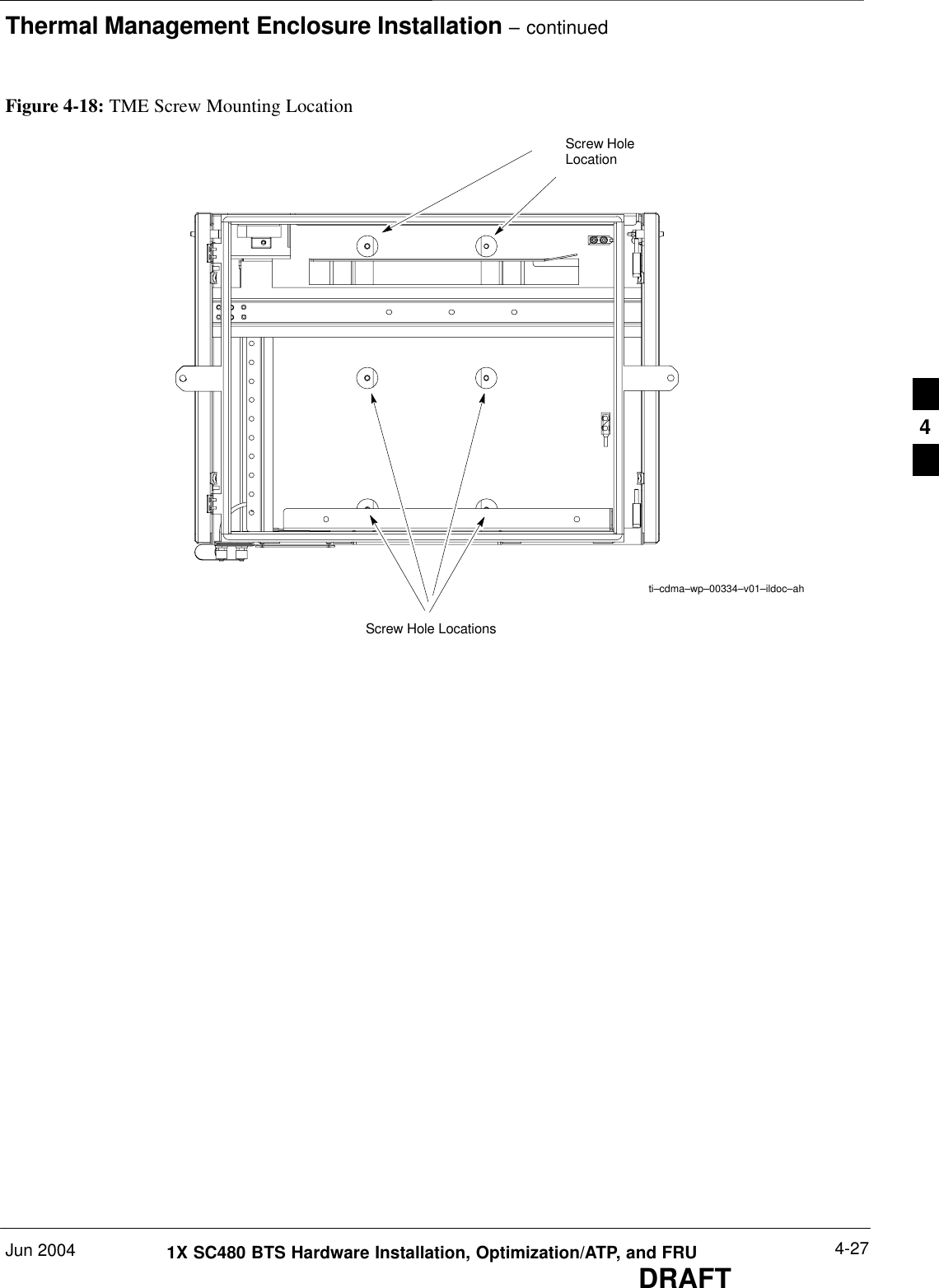 Thermal Management Enclosure Installation – continuedJun 2004 4-271X SC480 BTS Hardware Installation, Optimization/ATP, and FRUDRAFTFigure 4-18: TME Screw Mounting LocationScrew HoleLocationScrew Hole Locationsti–cdma–wp–00334–v01–ildoc–ah4