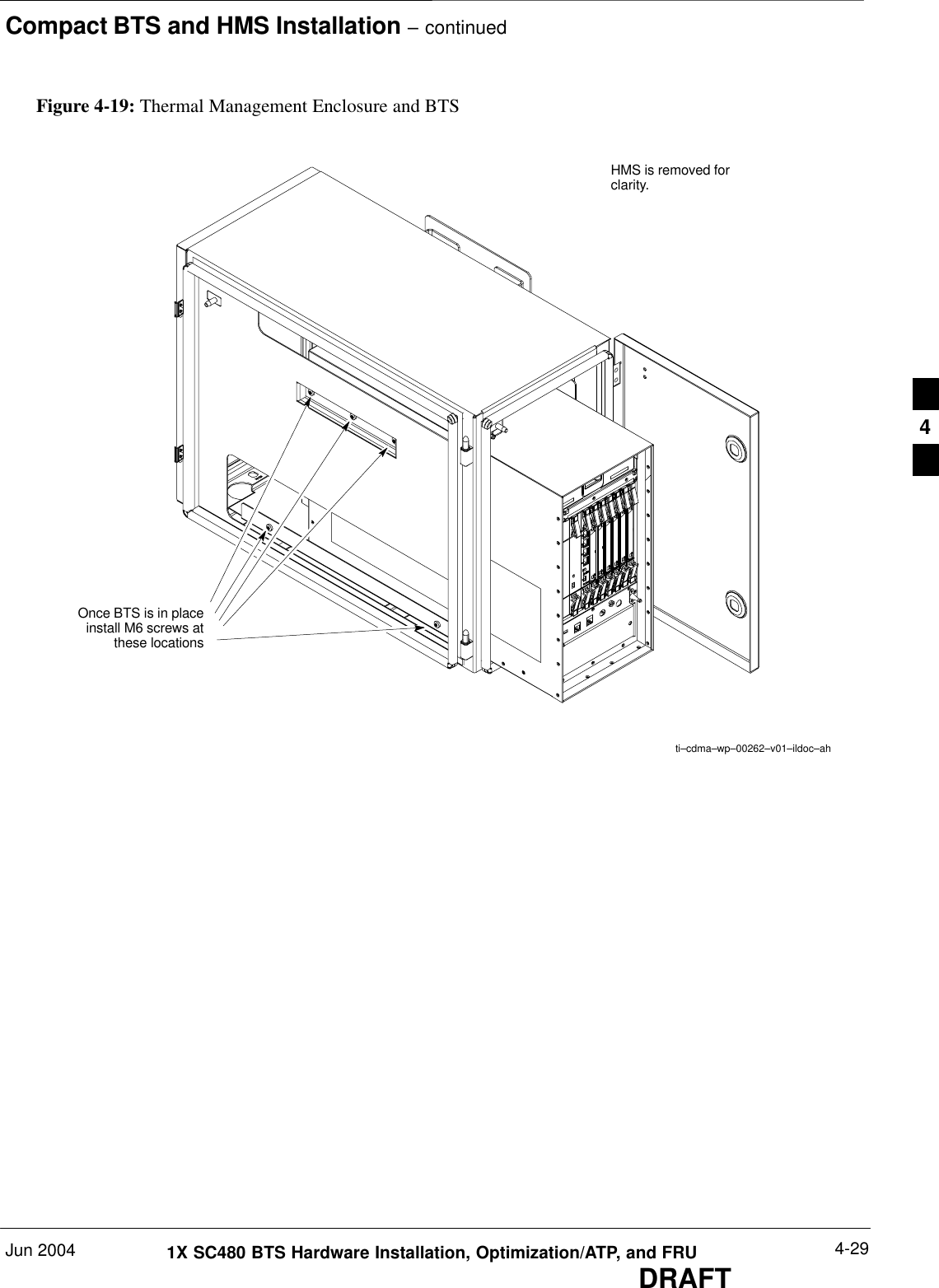 Compact BTS and HMS Installation – continuedJun 2004 4-291X SC480 BTS Hardware Installation, Optimization/ATP, and FRUDRAFTFigure 4-19: Thermal Management Enclosure and BTSti–cdma–wp–00262–v01–ildoc–ahOnce BTS is in placeinstall M6 screws atthese locationsHMS is removed forclarity.4