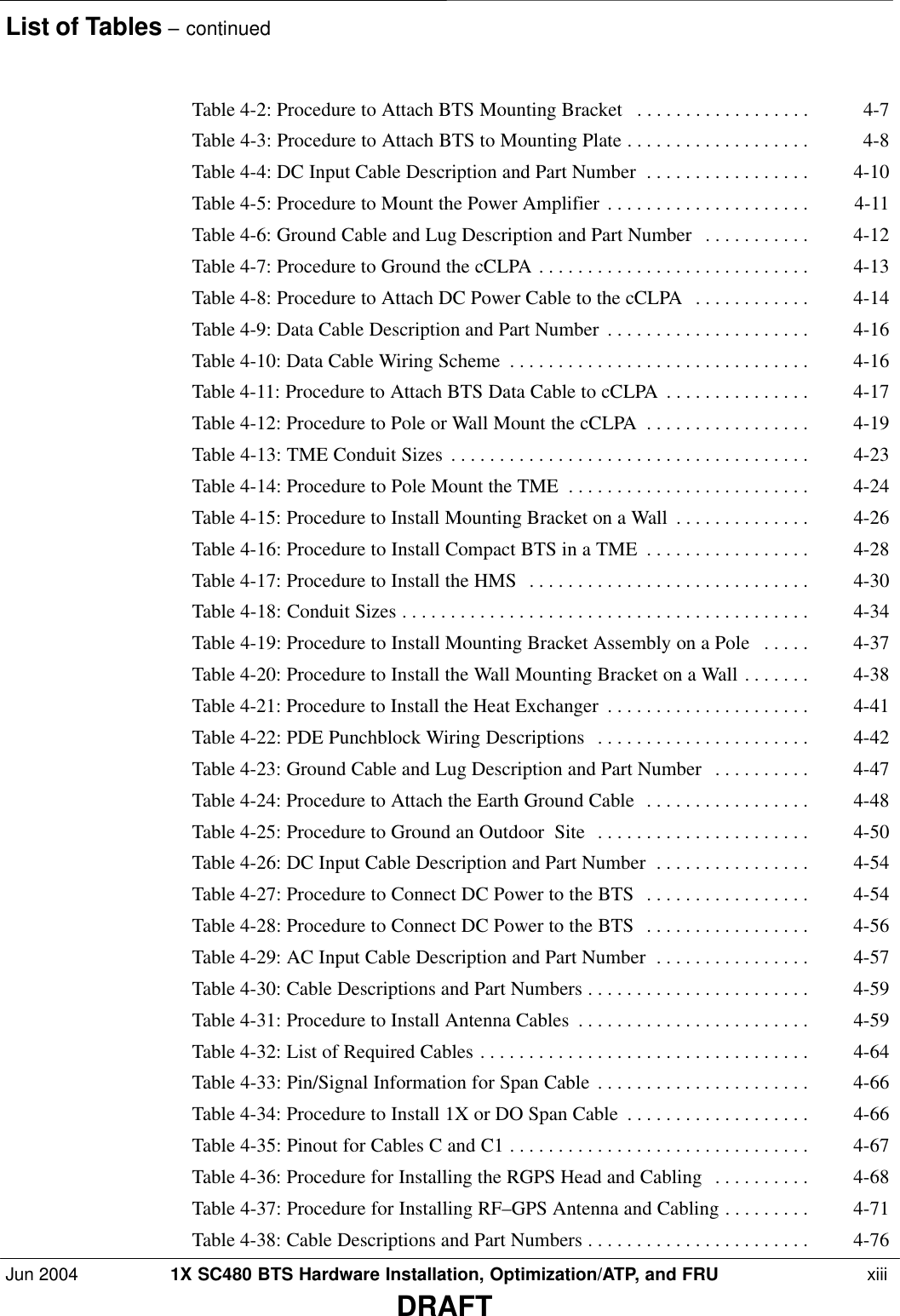 List of Tables – continuedJun 2004 1X SC480 BTS Hardware Installation, Optimization/ATP, and FRU  xiiiDRAFTTable 4-2: Procedure to Attach BTS Mounting Bracket 4-7 . . . . . . . . . . . . . . . . . . Table 4-3: Procedure to Attach BTS to Mounting Plate 4-8 . . . . . . . . . . . . . . . . . . . Table 4-4: DC Input Cable Description and Part Number 4-10 . . . . . . . . . . . . . . . . . Table 4-5: Procedure to Mount the Power Amplifier 4-11 . . . . . . . . . . . . . . . . . . . . . Table 4-6: Ground Cable and Lug Description and Part Number 4-12 . . . . . . . . . . . Table 4-7: Procedure to Ground the cCLPA 4-13 . . . . . . . . . . . . . . . . . . . . . . . . . . . . Table 4-8: Procedure to Attach DC Power Cable to the cCLPA 4-14 . . . . . . . . . . . . Table 4-9: Data Cable Description and Part Number 4-16 . . . . . . . . . . . . . . . . . . . . . Table 4-10: Data Cable Wiring Scheme 4-16 . . . . . . . . . . . . . . . . . . . . . . . . . . . . . . . Table 4-11: Procedure to Attach BTS Data Cable to cCLPA 4-17 . . . . . . . . . . . . . . . Table 4-12: Procedure to Pole or Wall Mount the cCLPA 4-19 . . . . . . . . . . . . . . . . . Table 4-13: TME Conduit Sizes 4-23 . . . . . . . . . . . . . . . . . . . . . . . . . . . . . . . . . . . . . Table 4-14: Procedure to Pole Mount the TME 4-24 . . . . . . . . . . . . . . . . . . . . . . . . . Table 4-15: Procedure to Install Mounting Bracket on a Wall 4-26 . . . . . . . . . . . . . . Table 4-16: Procedure to Install Compact BTS in a TME 4-28 . . . . . . . . . . . . . . . . . Table 4-17: Procedure to Install the HMS 4-30 . . . . . . . . . . . . . . . . . . . . . . . . . . . . . Table 4-18: Conduit Sizes 4-34 . . . . . . . . . . . . . . . . . . . . . . . . . . . . . . . . . . . . . . . . . . Table 4-19: Procedure to Install Mounting Bracket Assembly on a Pole 4-37 . . . . . Table 4-20: Procedure to Install the Wall Mounting Bracket on a Wall 4-38 . . . . . . . Table 4-21: Procedure to Install the Heat Exchanger 4-41 . . . . . . . . . . . . . . . . . . . . . Table 4-22: PDE Punchblock Wiring Descriptions 4-42 . . . . . . . . . . . . . . . . . . . . . . Table 4-23: Ground Cable and Lug Description and Part Number 4-47 . . . . . . . . . . Table 4-24: Procedure to Attach the Earth Ground Cable 4-48 . . . . . . . . . . . . . . . . . Table 4-25: Procedure to Ground an Outdoor  Site 4-50 . . . . . . . . . . . . . . . . . . . . . . Table 4-26: DC Input Cable Description and Part Number 4-54 . . . . . . . . . . . . . . . . Table 4-27: Procedure to Connect DC Power to the BTS 4-54 . . . . . . . . . . . . . . . . . Table 4-28: Procedure to Connect DC Power to the BTS 4-56 . . . . . . . . . . . . . . . . . Table 4-29: AC Input Cable Description and Part Number 4-57 . . . . . . . . . . . . . . . . Table 4-30: Cable Descriptions and Part Numbers 4-59 . . . . . . . . . . . . . . . . . . . . . . . Table 4-31: Procedure to Install Antenna Cables 4-59 . . . . . . . . . . . . . . . . . . . . . . . . Table 4-32: List of Required Cables 4-64 . . . . . . . . . . . . . . . . . . . . . . . . . . . . . . . . . . Table 4-33: Pin/Signal Information for Span Cable 4-66 . . . . . . . . . . . . . . . . . . . . . . Table 4-34: Procedure to Install 1X or DO Span Cable 4-66 . . . . . . . . . . . . . . . . . . . Table 4-35: Pinout for Cables C and C1 4-67 . . . . . . . . . . . . . . . . . . . . . . . . . . . . . . . Table 4-36: Procedure for Installing the RGPS Head and Cabling 4-68 . . . . . . . . . . Table 4-37: Procedure for Installing RF–GPS Antenna and Cabling 4-71 . . . . . . . . . Table 4-38: Cable Descriptions and Part Numbers 4-76 . . . . . . . . . . . . . . . . . . . . . . . 