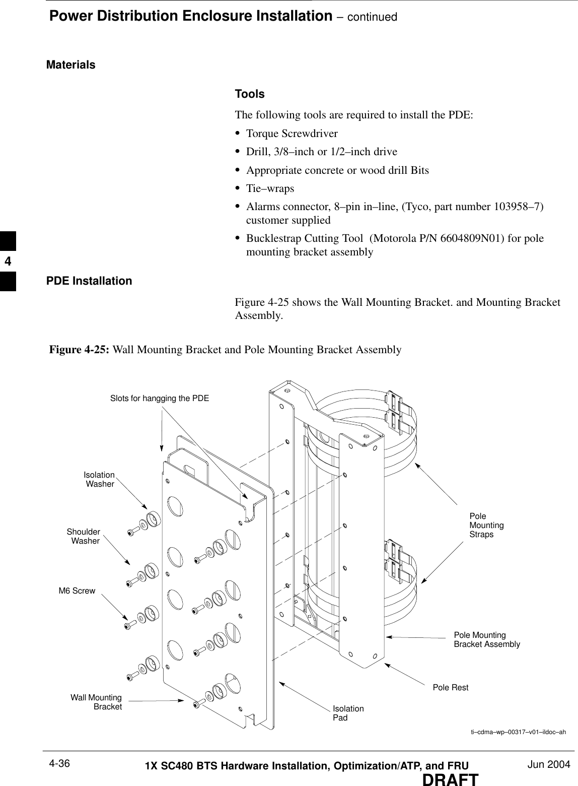 Power Distribution Enclosure Installation – continuedDRAFT1X SC480 BTS Hardware Installation, Optimization/ATP, and FRU Jun 20044-36MaterialsToolsThe following tools are required to install the PDE:STorque ScrewdriverSDrill, 3/8–inch or 1/2–inch driveSAppropriate concrete or wood drill BitsSTie–wrapsSAlarms connector, 8–pin in–line, (Tyco, part number 103958–7)customer suppliedSBucklestrap Cutting Tool  (Motorola P/N 6604809N01) for polemounting bracket assemblyPDE InstallationFigure 4-25 shows the Wall Mounting Bracket. and Mounting BracketAssembly.Slots for hangging the PDEIsolationPadIsolationWasherShoulderWasherM6 ScrewPoleMountingStrapsPole RestFigure 4-25: Wall Mounting Bracket and Pole Mounting Bracket Assemblyti–cdma–wp–00317–v01–ildoc–ahWall MountingBracketPole MountingBracket Assembly4