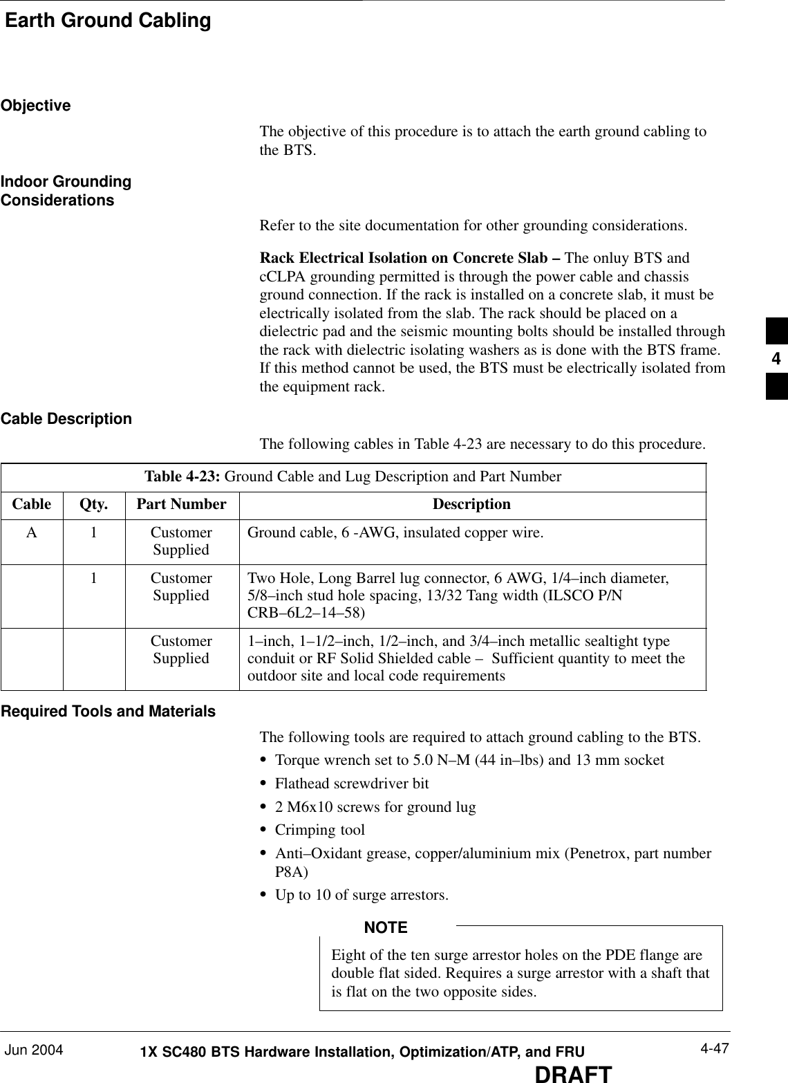 Earth Ground CablingJun 2004 4-471X SC480 BTS Hardware Installation, Optimization/ATP, and FRUDRAFTObjectiveThe objective of this procedure is to attach the earth ground cabling tothe BTS.Indoor GroundingConsiderationsRefer to the site documentation for other grounding considerations.Rack Electrical Isolation on Concrete Slab – The onluy BTS andcCLPA grounding permitted is through the power cable and chassisground connection. If the rack is installed on a concrete slab, it must beelectrically isolated from the slab. The rack should be placed on adielectric pad and the seismic mounting bolts should be installed throughthe rack with dielectric isolating washers as is done with the BTS frame.If this method cannot be used, the BTS must be electrically isolated fromthe equipment rack.Cable DescriptionThe following cables in Table 4-23 are necessary to do this procedure.Table 4-23: Ground Cable and Lug Description and Part NumberCable Qty. Part Number DescriptionA 1 CustomerSupplied Ground cable, 6 -AWG, insulated copper wire.1 CustomerSupplied Two Hole, Long Barrel lug connector, 6 AWG, 1/4–inch diameter,5/8–inch stud hole spacing, 13/32 Tang width (ILSCO P/NCRB–6L2–14–58)CustomerSupplied 1–inch, 1–1/2–inch, 1/2–inch, and 3/4–inch metallic sealtight typeconduit or RF Solid Shielded cable –  Sufficient quantity to meet theoutdoor site and local code requirementsRequired Tools and MaterialsThe following tools are required to attach ground cabling to the BTS.STorque wrench set to 5.0 N–M (44 in–lbs) and 13 mm socketSFlathead screwdriver bitS2 M6x10 screws for ground lugSCrimping toolSAnti–Oxidant grease, copper/aluminium mix (Penetrox, part numberP8A)SUp to 10 of surge arrestors.Eight of the ten surge arrestor holes on the PDE flange aredouble flat sided. Requires a surge arrestor with a shaft thatis flat on the two opposite sides.NOTE4