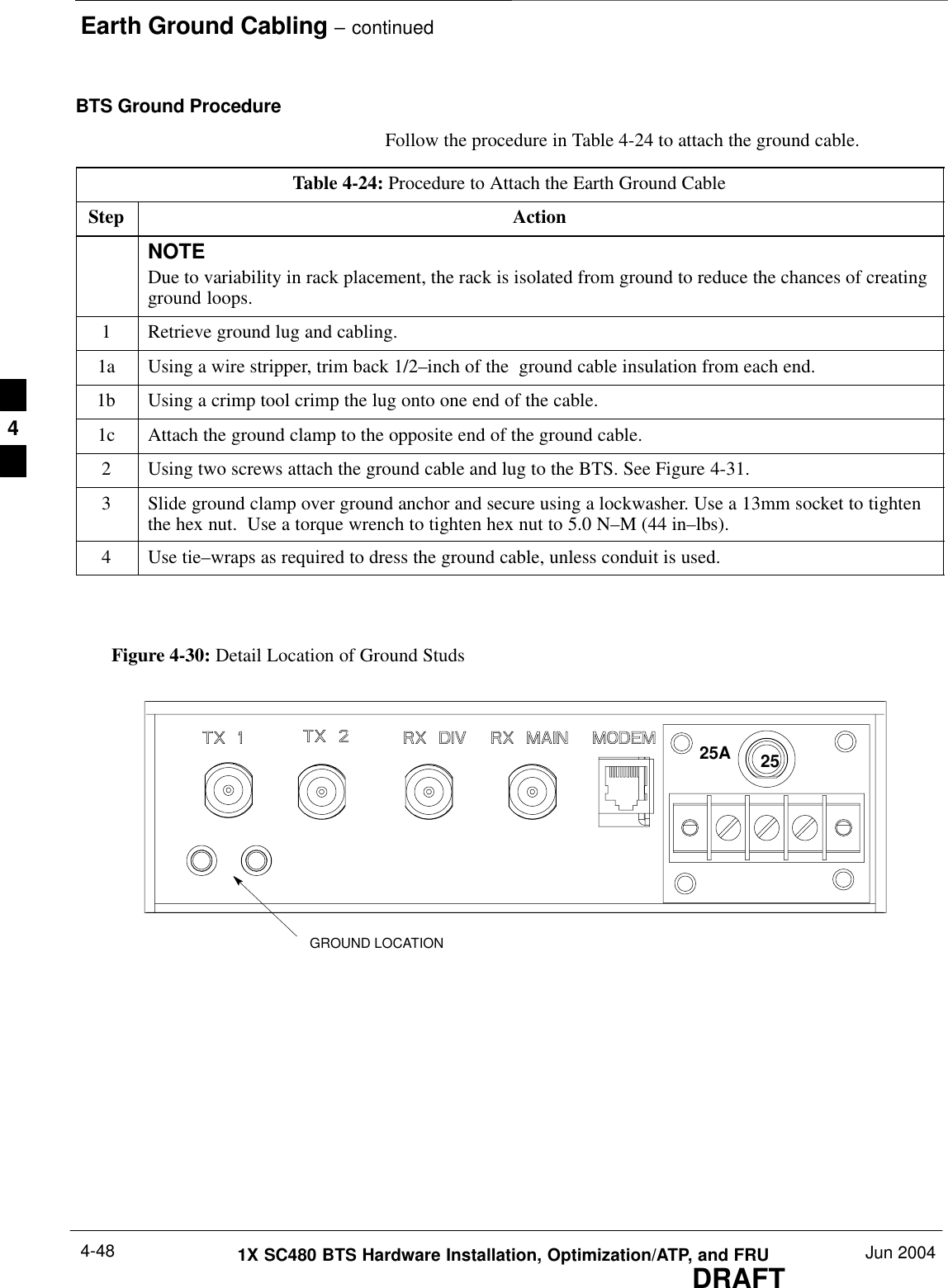 Earth Ground Cabling – continuedDRAFT1X SC480 BTS Hardware Installation, Optimization/ATP, and FRU Jun 20044-48BTS Ground ProcedureFollow the procedure in Table 4-24 to attach the ground cable.Table 4-24: Procedure to Attach the Earth Ground CableStep ActionNOTEDue to variability in rack placement, the rack is isolated from ground to reduce the chances of creatingground loops.1Retrieve ground lug and cabling.1a Using a wire stripper, trim back 1/2–inch of the  ground cable insulation from each end.1b Using a crimp tool crimp the lug onto one end of the cable.1c Attach the ground clamp to the opposite end of the ground cable.2Using two screws attach the ground cable and lug to the BTS. See Figure 4-31.3Slide ground clamp over ground anchor and secure using a lockwasher. Use a 13mm socket to tightenthe hex nut.  Use a torque wrench to tighten hex nut to 5.0 N–M (44 in–lbs).4Use tie–wraps as required to dress the ground cable, unless conduit is used.    GROUND LOCATIONFigure 4-30: Detail Location of Ground Studs25A 254