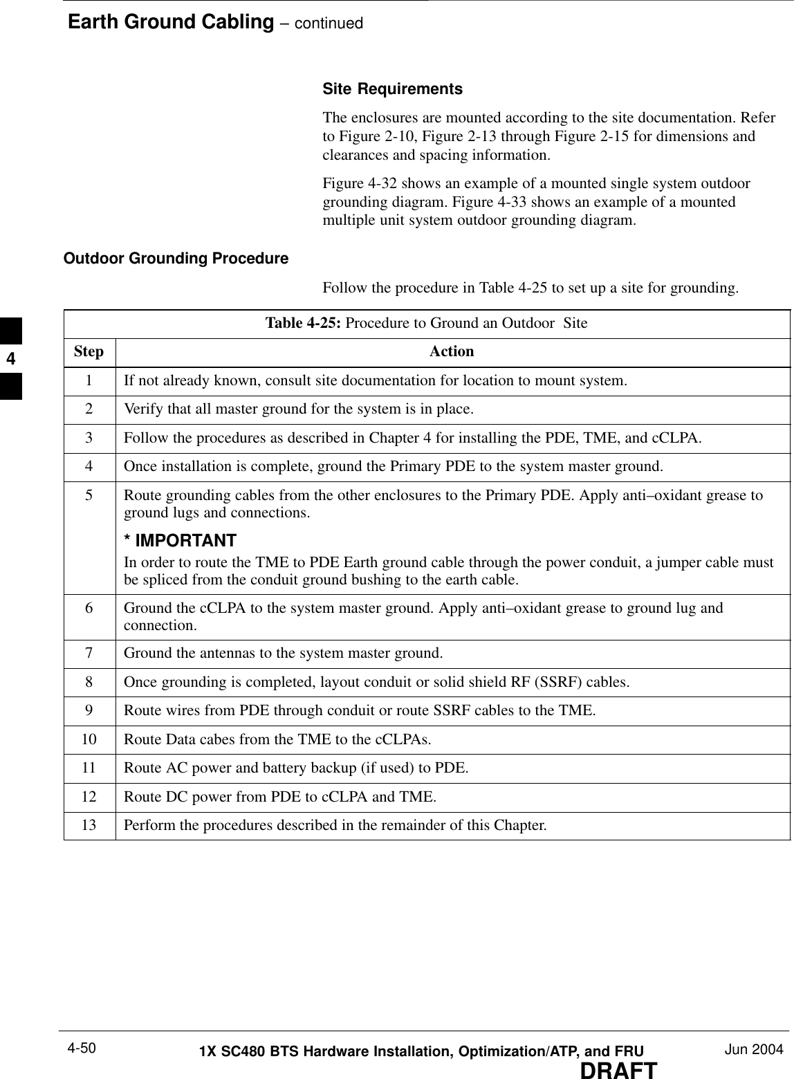 Earth Ground Cabling – continuedDRAFT1X SC480 BTS Hardware Installation, Optimization/ATP, and FRU Jun 20044-50Site RequirementsThe enclosures are mounted according to the site documentation. Referto Figure 2-10, Figure 2-13 through Figure 2-15 for dimensions andclearances and spacing information.Figure 4-32 shows an example of a mounted single system outdoorgrounding diagram. Figure 4-33 shows an example of a mountedmultiple unit system outdoor grounding diagram.Outdoor Grounding ProcedureFollow the procedure in Table 4-25 to set up a site for grounding.Table 4-25: Procedure to Ground an Outdoor  SiteStep Action1If not already known, consult site documentation for location to mount system.2Verify that all master ground for the system is in place.3Follow the procedures as described in Chapter 4 for installing the PDE, TME, and cCLPA.4Once installation is complete, ground the Primary PDE to the system master ground.5Route grounding cables from the other enclosures to the Primary PDE. Apply anti–oxidant grease toground lugs and connections.* IMPORTANTIn order to route the TME to PDE Earth ground cable through the power conduit, a jumper cable mustbe spliced from the conduit ground bushing to the earth cable.6Ground the cCLPA to the system master ground. Apply anti–oxidant grease to ground lug andconnection.7Ground the antennas to the system master ground.8Once grounding is completed, layout conduit or solid shield RF (SSRF) cables.9Route wires from PDE through conduit or route SSRF cables to the TME.10 Route Data cabes from the TME to the cCLPAs.11 Route AC power and battery backup (if used) to PDE.12 Route DC power from PDE to cCLPA and TME.13 Perform the procedures described in the remainder of this Chapter.  4