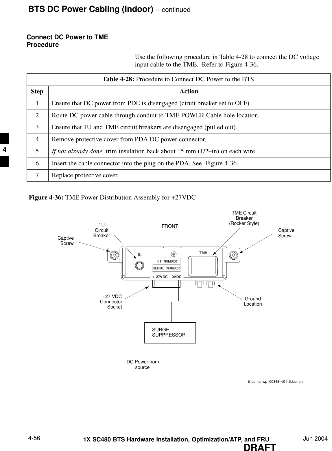 BTS DC Power Cabling (Indoor) – continuedDRAFT1X SC480 BTS Hardware Installation, Optimization/ATP, and FRU Jun 20044-56Connect DC Power to TMEProcedureUse the following procedure in Table 4-28 to connect the DC voltageinput cable to the TME.  Refer to Figure 4-36.Table 4-28: Procedure to Connect DC Power to the BTSStep Action1Ensure that DC power from PDE is disengaged (ciruit breaker set to OFF).2Route DC power cable through conduit to TME POWER Cable hole location.3Ensure that 1U and TME circuit breakers are disengaged (pulled out).4Remove protective cover from PDA DC power connector.5If not already done, trim insulation back about 15 mm (1/2–in) on each wire.6Insert the cable connector into the plug on the PDA. See  Figure 4-36.7Replace protective cover.CaptiveScrewCaptiveScrewFRONTti–cdma–wp–00348–v01–ildoc–ahGroundLocation1UCircuitBreakerTME CircuitBreaker(Rocker Style)+27 VDCConnectorSocketFigure 4-36: TME Power Distribution Assembly for +27VDCSURGESUPPRESSORDC Power fromsource4