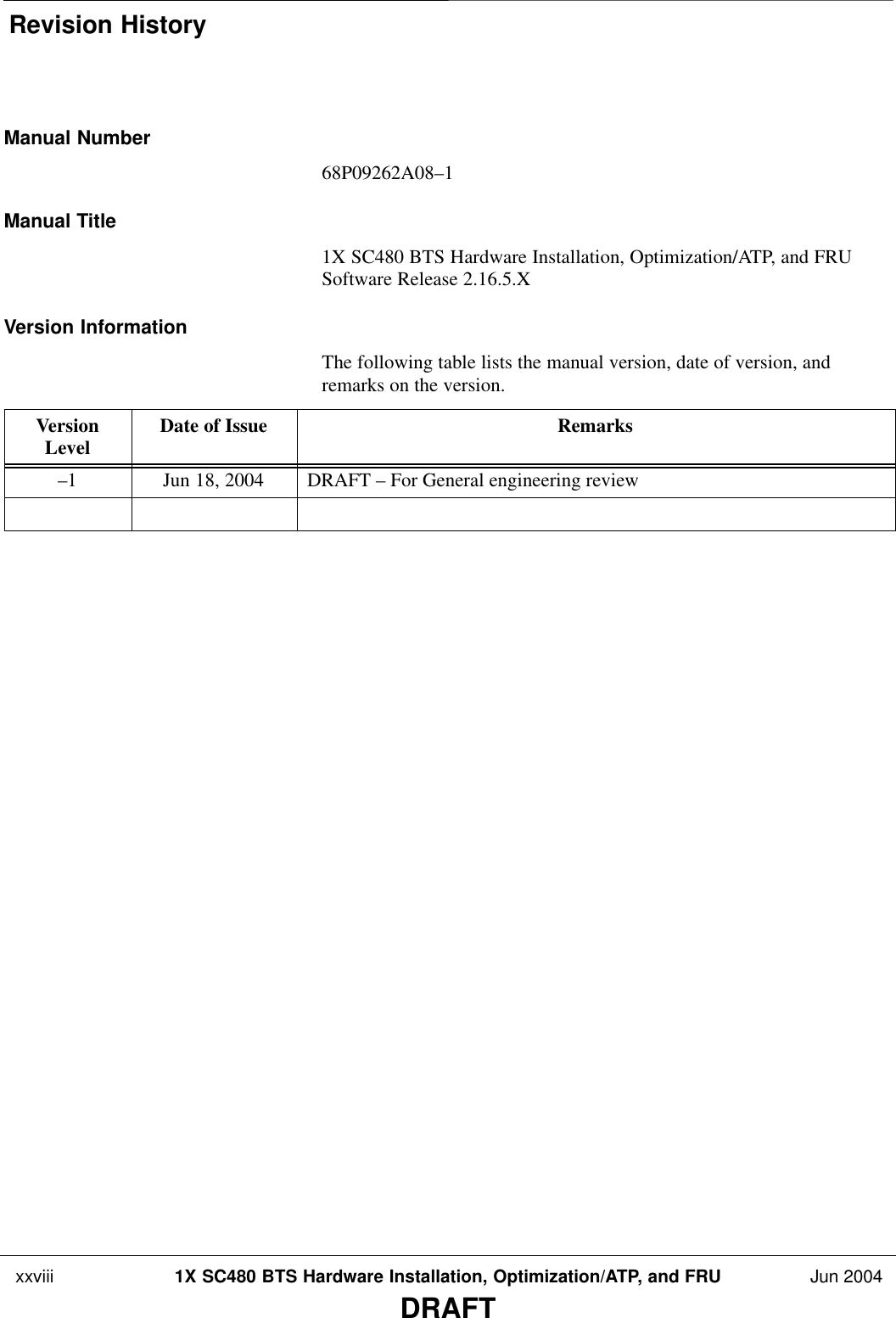 Revision History xxviii 1X SC480 BTS Hardware Installation, Optimization/ATP, and FRU Jun 2004DRAFTManual Number68P09262A08–1Manual Title1X SC480 BTS Hardware Installation, Optimization/ATP, and FRU Software Release 2.16.5.XVersion InformationThe following table lists the manual version, date of version, andremarks on the version.VersionLevel Date of Issue Remarks–1 Jun 18, 2004 DRAFT – For General engineering review