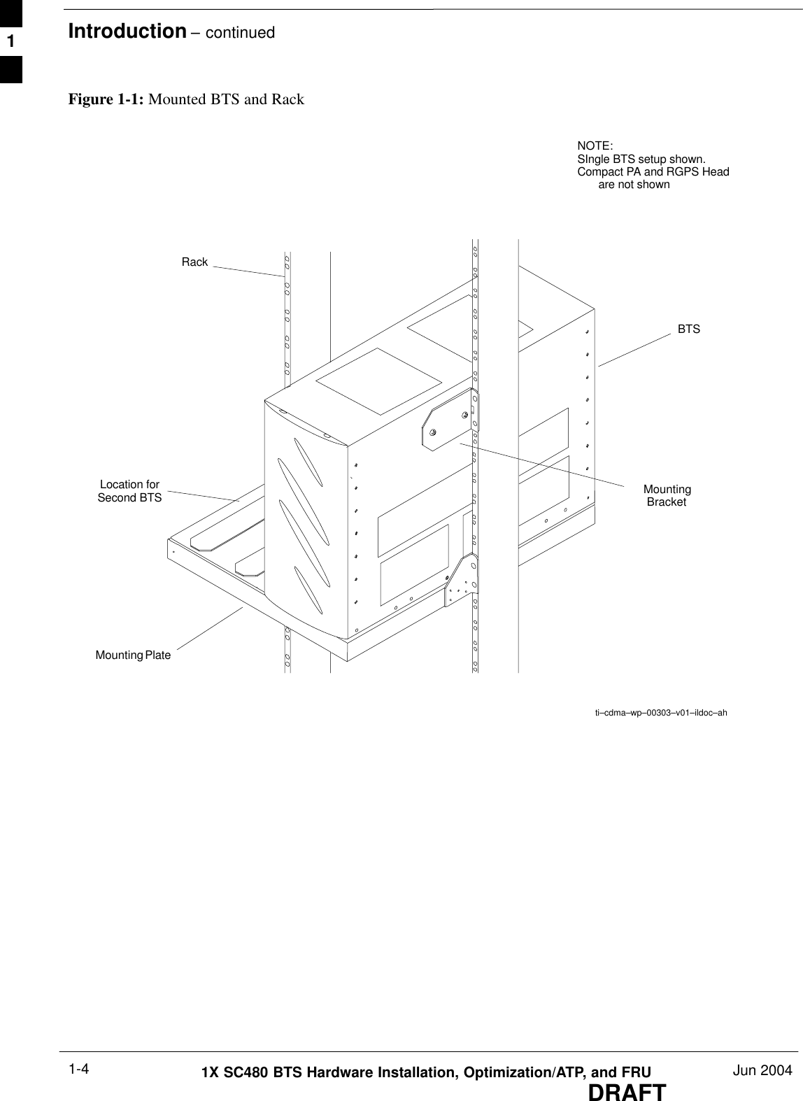 Introduction – continuedDRAFT1X SC480 BTS Hardware Installation, Optimization/ATP, and FRU Jun 20041-4ti–cdma–wp–00303–v01–ildoc–ahBTSRackMounting PlateMountingBracketLocation forSecond BTSNOTE:SIngle BTS setup shown.Compact PA and RGPS Headare not shownFigure 1-1: Mounted BTS and Rack1