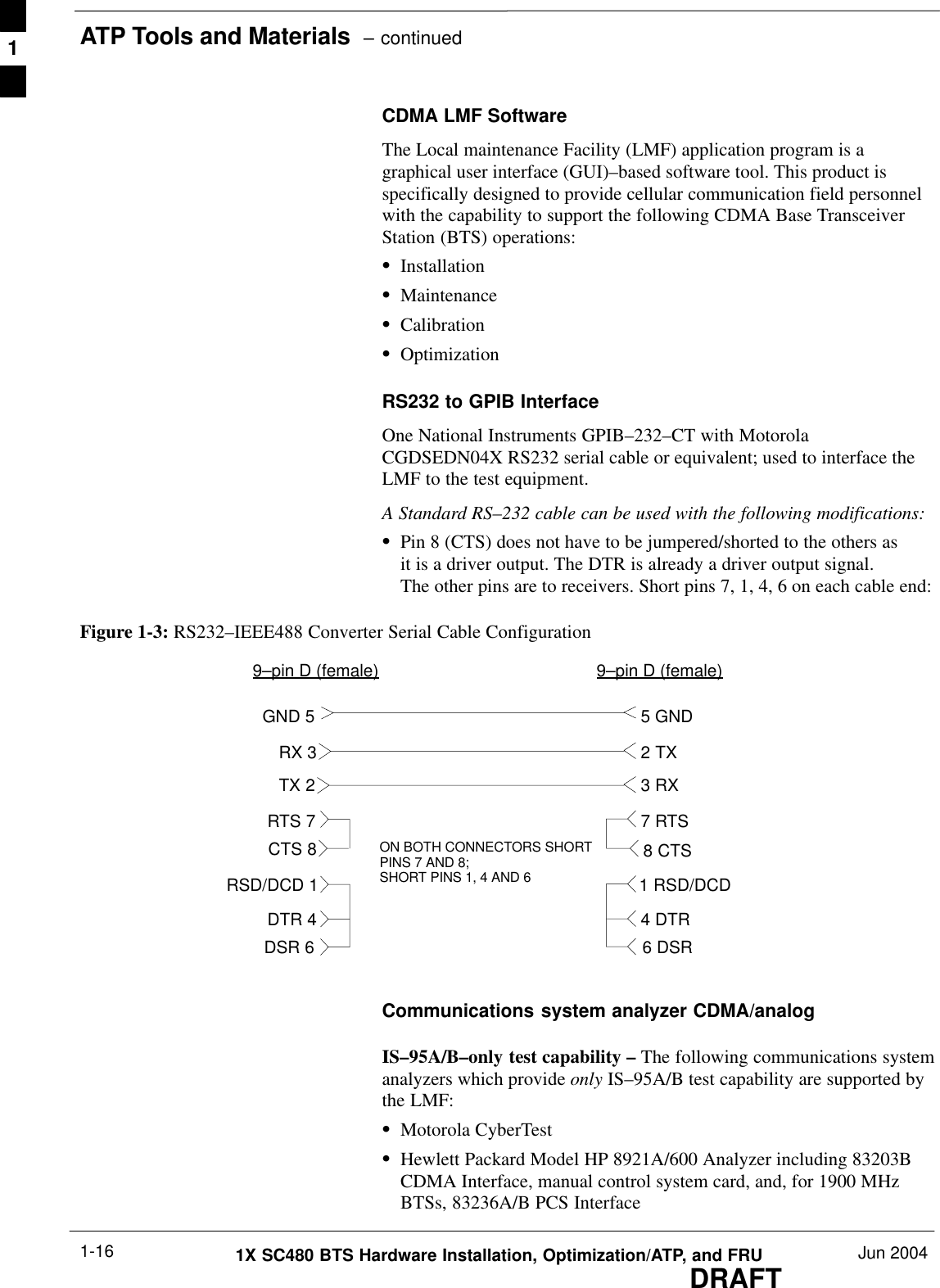 ATP Tools and Materials  – continuedDRAFT1X SC480 BTS Hardware Installation, Optimization/ATP, and FRU Jun 20041-16CDMA LMF SoftwareThe Local maintenance Facility (LMF) application program is agraphical user interface (GUI)–based software tool. This product isspecifically designed to provide cellular communication field personnelwith the capability to support the following CDMA Base TransceiverStation (BTS) operations:SInstallationSMaintenanceSCalibrationSOptimizationRS232 to GPIB InterfaceOne National Instruments GPIB–232–CT with MotorolaCGDSEDN04X RS232 serial cable or equivalent; used to interface theLMF to the test equipment.A Standard RS–232 cable can be used with the following modifications:SPin 8 (CTS) does not have to be jumpered/shorted to the others asit is a driver output. The DTR is already a driver output signal.The other pins are to receivers. Short pins 7, 1, 4, 6 on each cable end:9–pin D (female) 9–pin D (female)GND 5 5 GNDRX 33 RXTX 22 TXRTS 7 7 RTSRSD/DCD 1 1 RSD/DCDDTR 4 4 DTRDSR 6 6 DSRFigure 1-3: RS232–IEEE488 Converter Serial Cable ConfigurationCTS 8 8 CTSON BOTH CONNECTORS SHORTPINS 7 AND 8;SHORT PINS 1, 4 AND 6Communications system analyzer CDMA/analog IS–95A/B–only test capability – The following communications systemanalyzers which provide only IS–95A/B test capability are supported bythe LMF:SMotorola CyberTestSHewlett Packard Model HP 8921A/600 Analyzer including 83203BCDMA Interface, manual control system card, and, for 1900 MHzBTSs, 83236A/B PCS Interface1