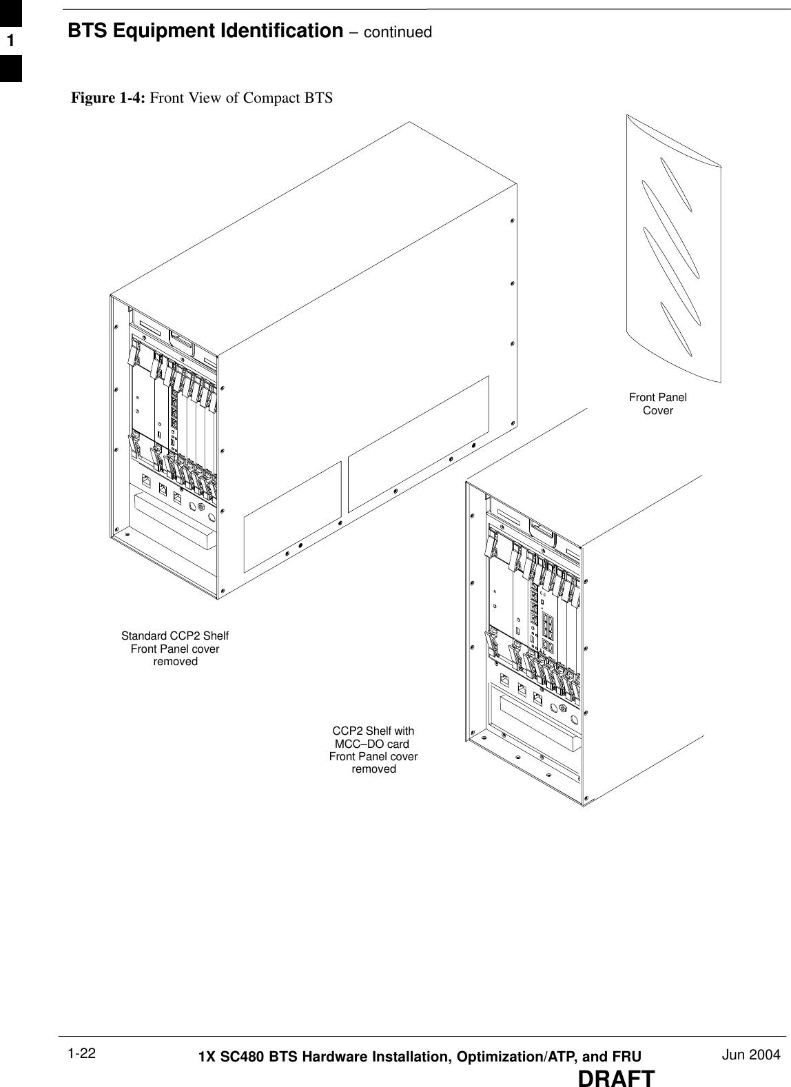 BTS Equipment Identification – continuedDRAFT1X SC480 BTS Hardware Installation, Optimization/ATP, and FRU Jun 20041-22Figure 1-4: Front View of Compact BTSCCP2 Shelf withMCC–DO card Front Panel coverremovedStandard CCP2 ShelfFront Panel coverremovedFront PanelCover1