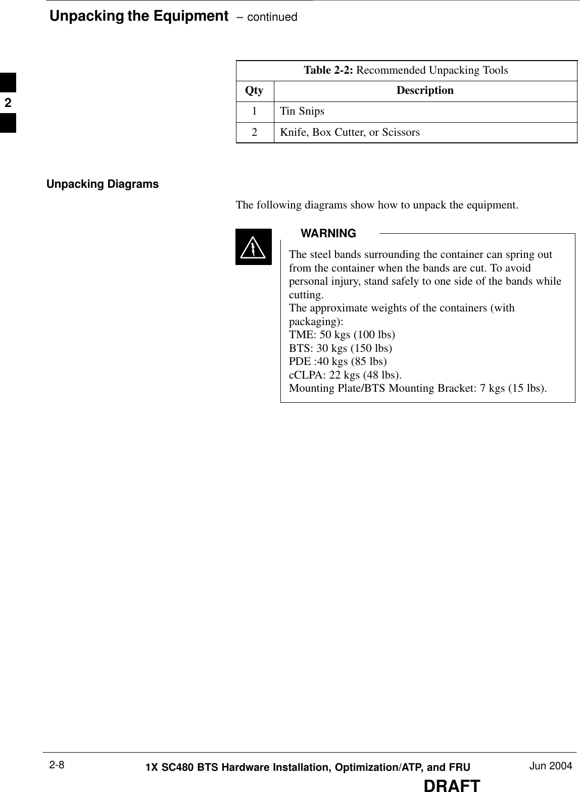 Unpacking the Equipment  – continuedDRAFT1X SC480 BTS Hardware Installation, Optimization/ATP, and FRU Jun 20042-8Table 2-2: Recommended Unpacking ToolsQty Description1Tin Snips2Knife, Box Cutter, or Scissors Unpacking DiagramsThe following diagrams show how to unpack the equipment.The steel bands surrounding the container can spring outfrom the container when the bands are cut. To avoidpersonal injury, stand safely to one side of the bands whilecutting.The approximate weights of the containers (withpackaging):TME: 50 kgs (100 lbs)BTS: 30 kgs (150 lbs)PDE :40 kgs (85 lbs)cCLPA: 22 kgs (48 lbs).Mounting Plate/BTS Mounting Bracket: 7 kgs (15 lbs).WARNING2