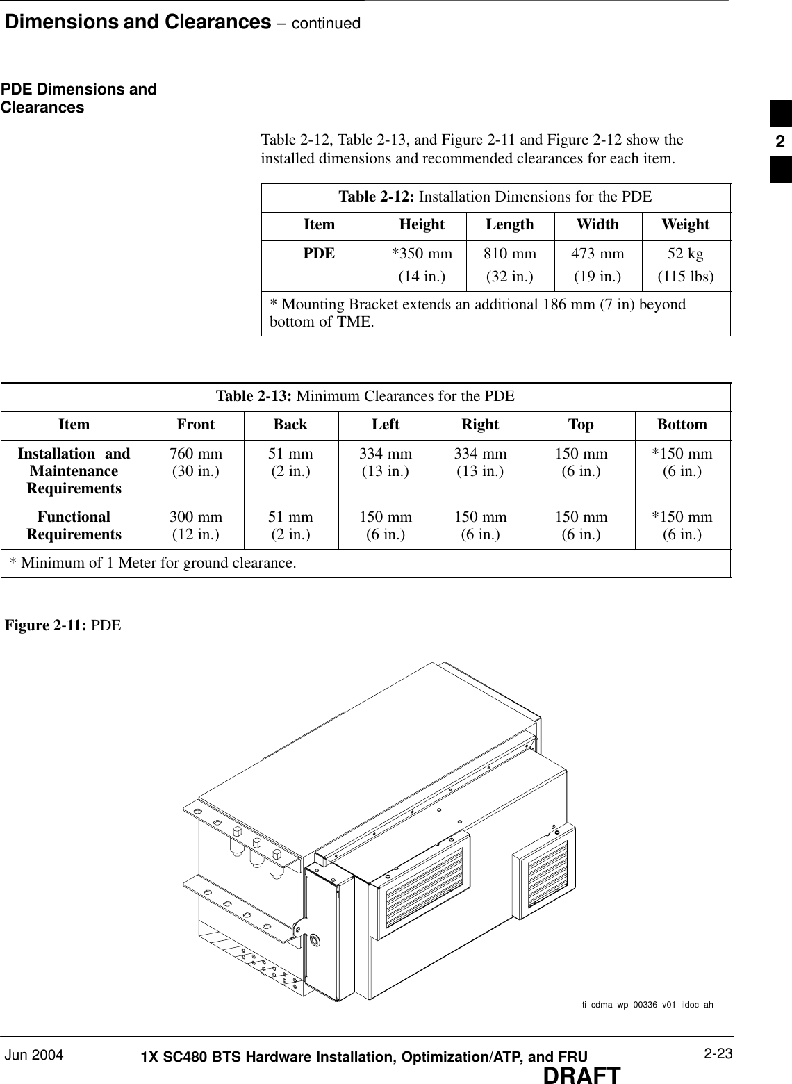 Dimensions and Clearances – continuedJun 2004 2-231X SC480 BTS Hardware Installation, Optimization/ATP, and FRUDRAFTPDE Dimensions andClearancesTable 2-12, Table 2-13, and Figure 2-11 and Figure 2-12 show theinstalled dimensions and recommended clearances for each item.Table 2-12: Installation Dimensions for the PDEItem Height Length Width WeightPDE *350 mm(14 in.)810 mm(32 in.)473 mm(19 in.)52 kg(115 lbs)* Mounting Bracket extends an additional 186 mm (7 in) beyondbottom of TME.Table 2-13: Minimum Clearances for the PDEItem Front Back Left Right Top BottomInstallation  andMaintenanceRequirements760 mm(30 in.) 51 mm(2 in.) 334 mm(13 in.) 334 mm(13 in.) 150 mm(6 in.) *150 mm(6 in.)FunctionalRequirements 300 mm(12 in.) 51 mm(2 in.) 150 mm(6 in.) 150 mm(6 in.) 150 mm(6 in.) *150 mm(6 in.)* Minimum of 1 Meter for ground clearance.Figure 2-11: PDEti–cdma–wp–00336–v01–ildoc–ah2