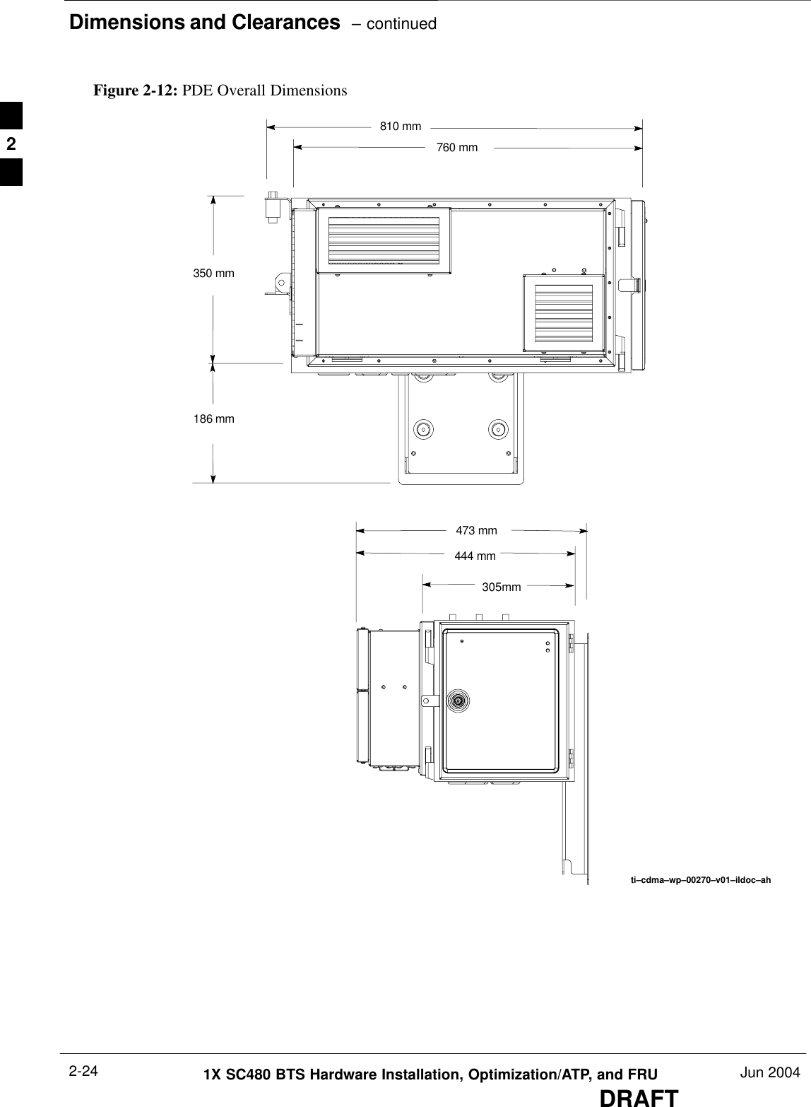 Dimensions and Clearances  – continuedDRAFT1X SC480 BTS Hardware Installation, Optimization/ATP, and FRU Jun 20042-24Figure 2-12: PDE Overall Dimensions186 mm350 mm760 mm810 mm473 mm305mm444 mmti–cdma–wp–00270–v01–ildoc–ah2