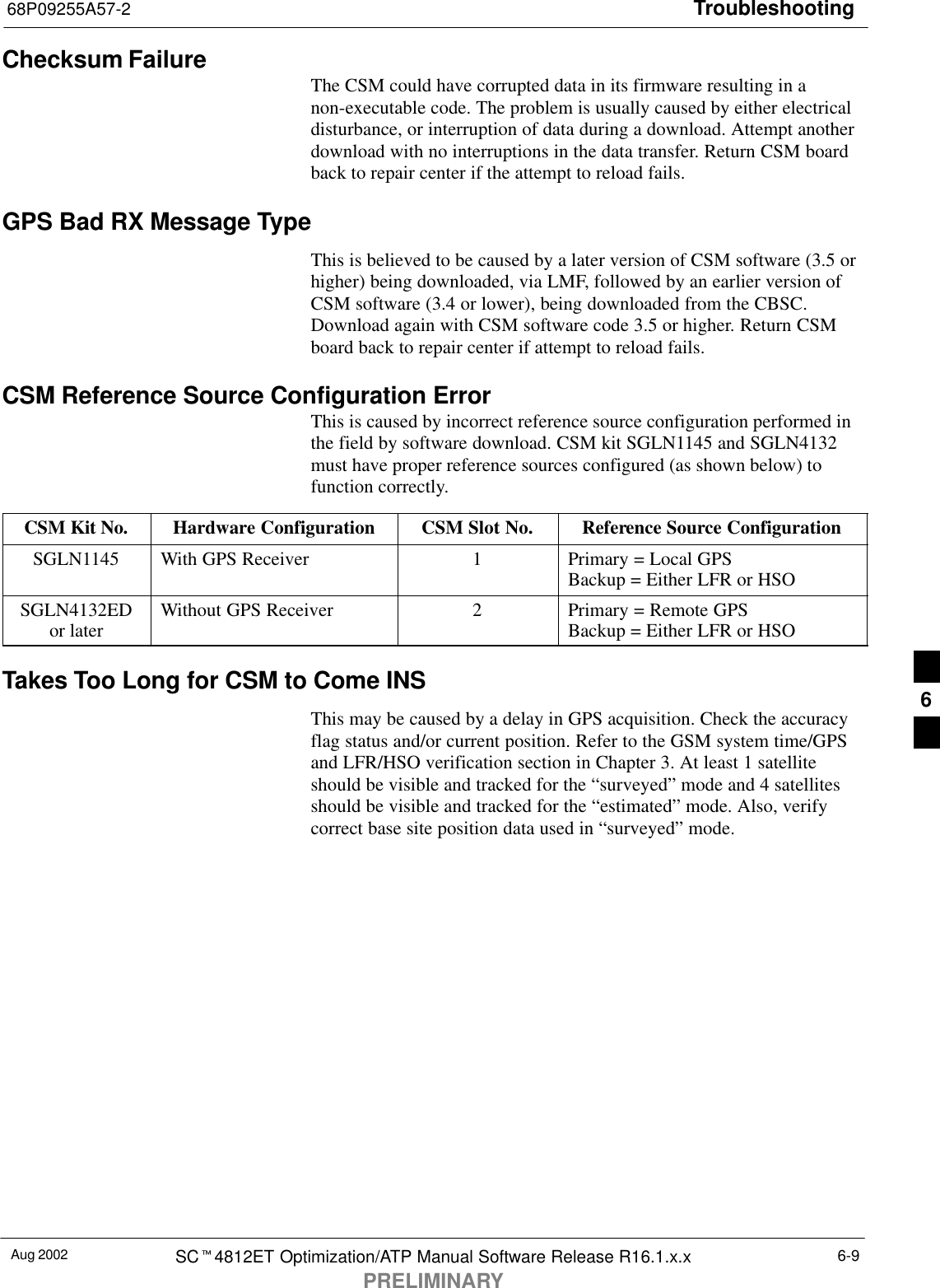 Troubleshooting68P09255A57-2Aug 2002 SCt4812ET Optimization/ATP Manual Software Release R16.1.x.xPRELIMINARY6-9Checksum Failure The CSM could have corrupted data in its firmware resulting in anon-executable code. The problem is usually caused by either electricaldisturbance, or interruption of data during a download. Attempt anotherdownload with no interruptions in the data transfer. Return CSM boardback to repair center if the attempt to reload fails.GPS Bad RX Message TypeThis is believed to be caused by a later version of CSM software (3.5 orhigher) being downloaded, via LMF, followed by an earlier version ofCSM software (3.4 or lower), being downloaded from the CBSC.Download again with CSM software code 3.5 or higher. Return CSMboard back to repair center if attempt to reload fails.CSM Reference Source Configuration ErrorThis is caused by incorrect reference source configuration performed inthe field by software download. CSM kit SGLN1145 and SGLN4132must have proper reference sources configured (as shown below) tofunction correctly.CSM Kit No. Hardware Configuration CSM Slot No. Reference Source ConfigurationSGLN1145 With GPS Receiver 1Primary = Local GPSBackup = Either LFR or HSOSGLN4132EDor later Without GPS Receiver 2Primary = Remote GPSBackup = Either LFR or HSOTakes Too Long for CSM to Come INSThis may be caused by a delay in GPS acquisition. Check the accuracyflag status and/or current position. Refer to the GSM system time/GPSand LFR/HSO verification section in Chapter 3. At least 1 satelliteshould be visible and tracked for the “surveyed” mode and 4 satellitesshould be visible and tracked for the “estimated” mode. Also, verifycorrect base site position data used in “surveyed” mode.6