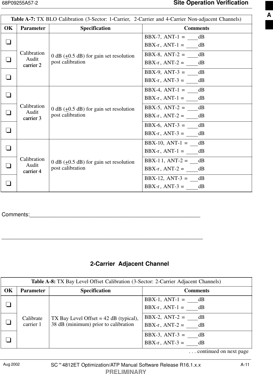 Site Operation Verification68P09255A57-2Aug 2002 SCt4812ET Optimization/ATP Manual Software Release R16.1.x.xPRELIMINARYA-11Table A-7: TX BLO Calibration (3-Sector: 1-Carrier,  2-Carrier and 4-Carrier Non-adjacent Channels)OK CommentsSpecificationParameter-BBX-7, ANT-1 =  dBBBX-r, ANT-1 =  dB-CalibrationAuditcarrier 20 dB (+0.5 dB) for gain set resolutionpost calibrationBBX-8, ANT-2 =  dBBBX-r, ANT-2 =  dB-carrier 2BBX-9, ANT-3 =  dBBBX-r, ANT-3 =  dB-BBX-4, ANT-1 =  dBBBX-r, ANT-1 =  dB-CalibrationAuditcarrier 30 dB (+0.5 dB) for gain set resolutionpost calibrationBBX-5, ANT-2 =  dBBBX-r, ANT-2 =  dB-carrier 3BBX-6, ANT-3 =  dBBBX-r, ANT-3 =  dB-BBX-10, ANT-1 =  dBBBX-r, ANT-1 =  dB-CalibrationAuditcarrier 40 dB (+0.5 dB) for gain set resolutionpost calibrationBBX-11, ANT-2 =  dBBBX-r, ANT-2 =  dB-carrier 4BBX-12, ANT-3 =  dBBBX-r, ANT-3 =  dB Comments:__________________________________________________________________________________________________________________________2-Carrier  Adjacent ChannelTable A-8: TX Bay Level Offset Calibration (3-Sector: 2-Carrier Adjacent Channels)OK Parameter Specification Comments-BBX-1, ANT-1 =  dBBBX-r, ANT-1 =  dB-Calibratecarrier 1 TX Bay Level Offset = 42 dB (typical),38 dB (minimum) prior to calibrationBBX-2, ANT-2 =  dBBBX-r, ANT-2 =  dB-BBX-3, ANT-3 =  dBBBX-r, ANT-3 =  dB. . . continued on next pageA