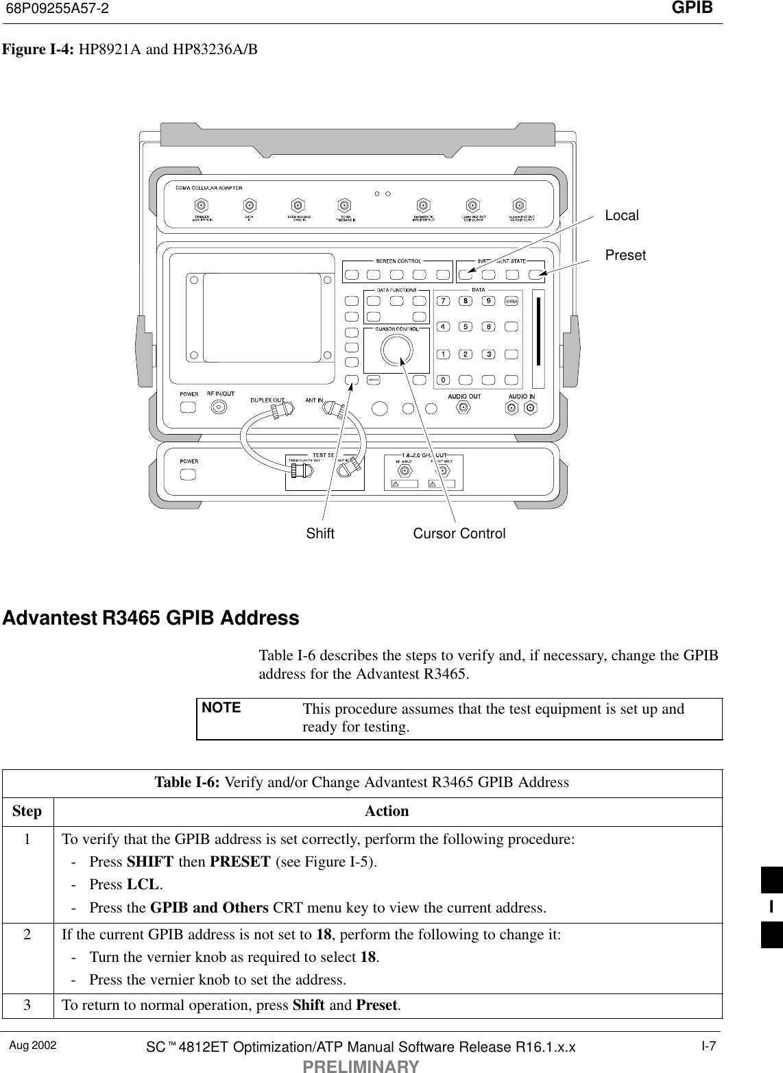 GPIB68P09255A57-2Aug 2002 SCt4812ET Optimization/ATP Manual Software Release R16.1.x.xPRELIMINARYI-7Figure I-4: HP8921A and HP83236A/BPresetCursor ControlShiftLocalAdvantest R3465 GPIB AddressTable I-6 describes the steps to verify and, if necessary, change the GPIBaddress for the Advantest R3465.NOTE This procedure assumes that the test equipment is set up andready for testing.Table I-6: Verify and/or Change Advantest R3465 GPIB AddressStep Action1To verify that the GPIB address is set correctly, perform the following procedure:- Press SHIFT then PRESET (see Figure I-5).- Press LCL.- Press the GPIB and Others CRT menu key to view the current address.2If the current GPIB address is not set to 18, perform the following to change it:- Turn the vernier knob as required to select 18.- Press the vernier knob to set the address.3To return to normal operation, press Shift and Preset.I