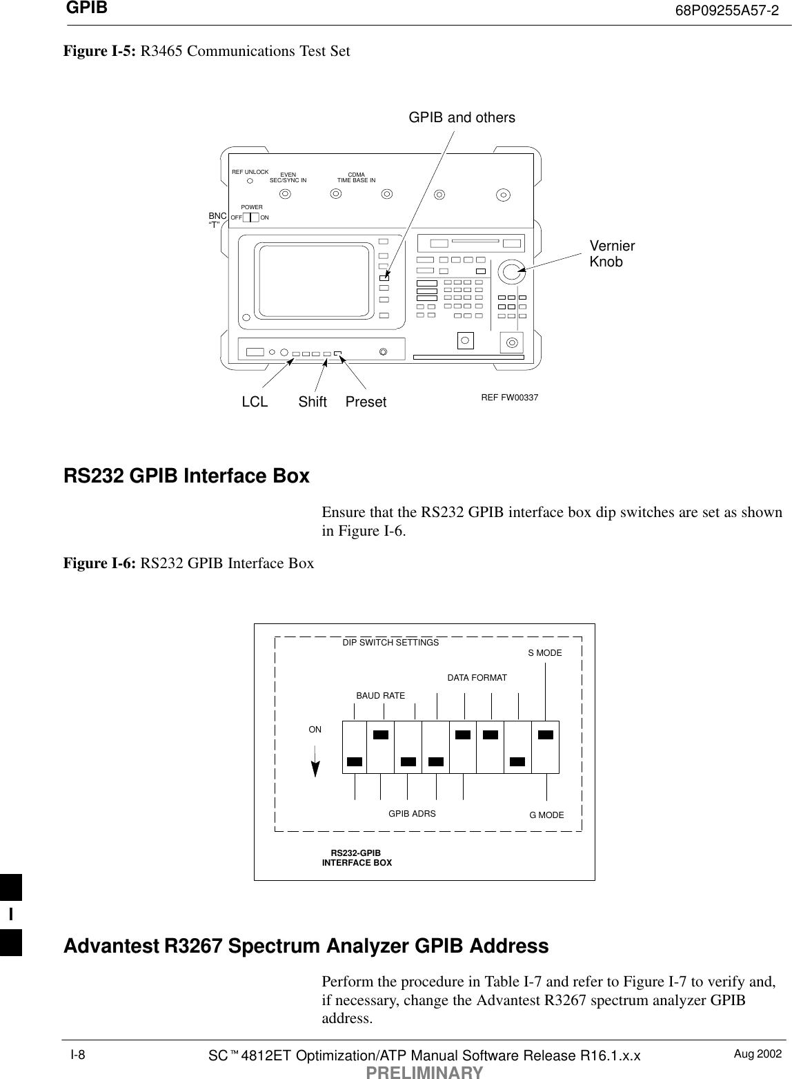 GPIB 68P09255A57-2Aug 2002SCt4812ET Optimization/ATP Manual Software Release R16.1.x.xPRELIMINARYI-8Figure I-5: R3465 Communications Test SetBNC“T”REF UNLOCK EVENSEC/SYNC IN CDMATIME BASE INPOWEROFF ONREF FW00337LCL Shift PresetGPIB and othersVernierKnobRS232 GPIB Interface BoxEnsure that the RS232 GPIB interface box dip switches are set as shownin Figure I-6.Figure I-6: RS232 GPIB Interface BoxRS232-GPIBINTERFACE BOXS MODEDATA FORMATBAUD RATEGPIB ADRSONDIP SWITCH SETTINGSG MODEAdvantest R3267 Spectrum Analyzer GPIB AddressPerform the procedure in Table I-7 and refer to Figure I-7 to verify and,if necessary, change the Advantest R3267 spectrum analyzer GPIBaddress.I