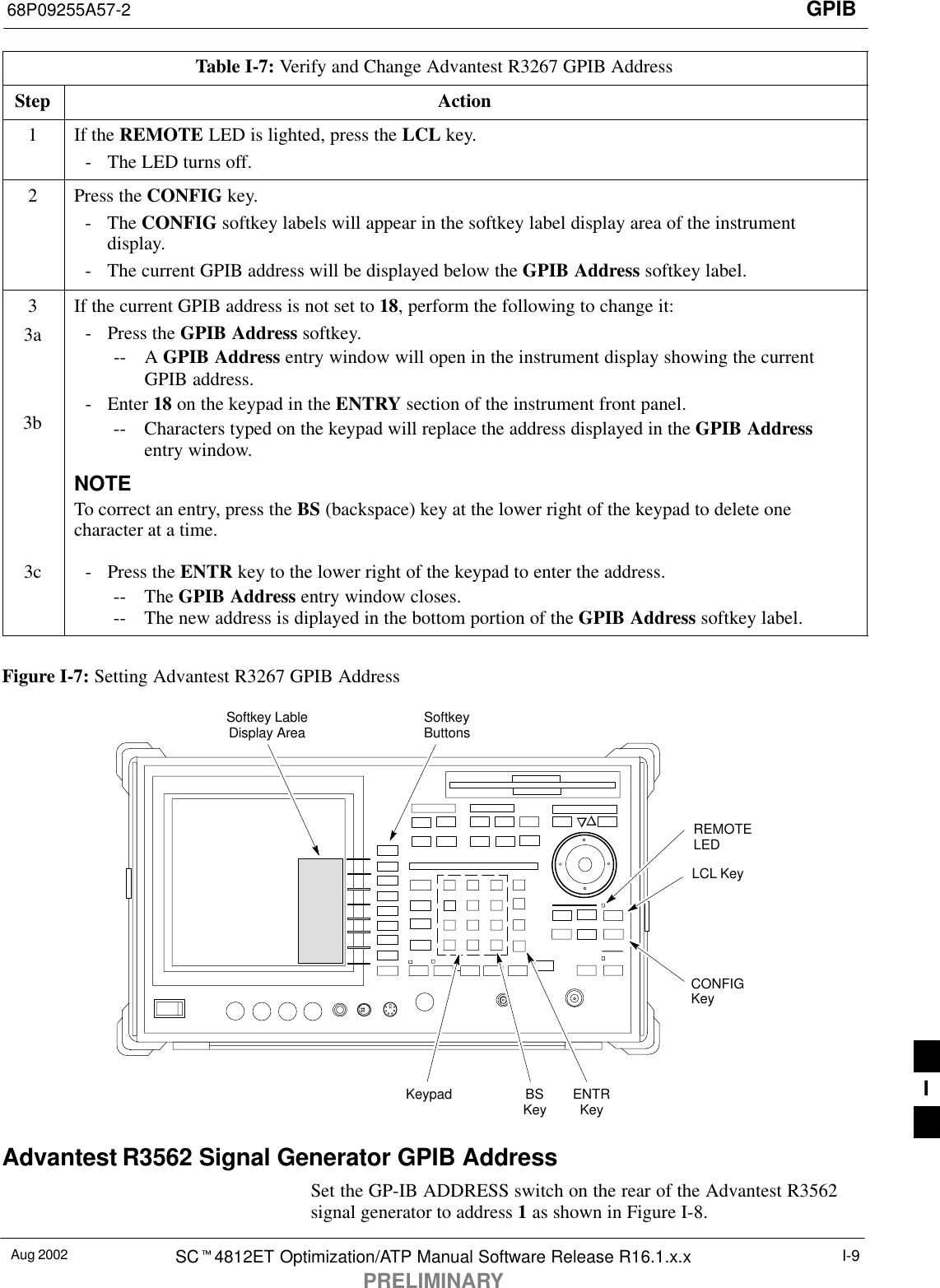 GPIB68P09255A57-2Aug 2002 SCt4812ET Optimization/ATP Manual Software Release R16.1.x.xPRELIMINARYI-9Table I-7: Verify and Change Advantest R3267 GPIB AddressStep Action1If the REMOTE LED is lighted, press the LCL key.- The LED turns off.2Press the CONFIG key.- The CONFIG softkey labels will appear in the softkey label display area of the instrumentdisplay.- The current GPIB address will be displayed below the GPIB Address softkey label.33aIf the current GPIB address is not set to 18, perform the following to change it:- Press the GPIB Address softkey.-- A GPIB Address entry window will open in the instrument display showing the currentGPIB address.3b - Enter 18 on the keypad in the ENTRY section of the instrument front panel.-- Characters typed on the keypad will replace the address displayed in the GPIB Addressentry window.NOTETo correct an entry, press the BS (backspace) key at the lower right of the keypad to delete onecharacter at a time.3c - Press the ENTR key to the lower right of the keypad to enter the address.-- The GPIB Address entry window closes.-- The new address is diplayed in the bottom portion of the GPIB Address softkey label. Figure I-7: Setting Advantest R3267 GPIB AddressonREMOTELEDLCL KeyCONFIGKeySoftkey LableDisplay Area SoftkeyButtonsKeypad BSKey ENTRKeyAdvantest R3562 Signal Generator GPIB AddressSet the GP-IB ADDRESS switch on the rear of the Advantest R3562signal generator to address 1 as shown in Figure I-8.I