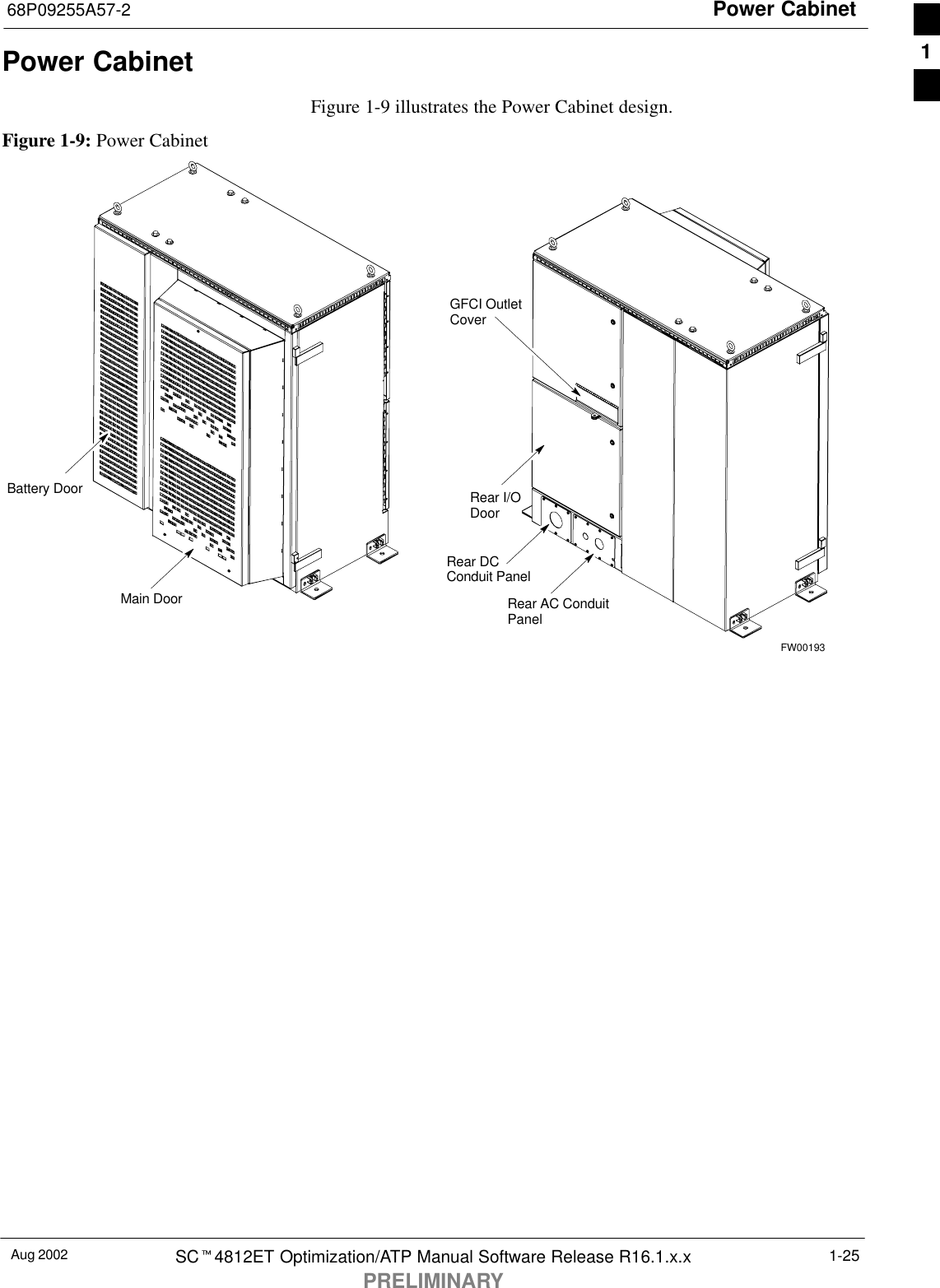 Power Cabinet68P09255A57-2Aug 2002 SCt4812ET Optimization/ATP Manual Software Release R16.1.x.xPRELIMINARY1-25Power CabinetFigure 1-9 illustrates the Power Cabinet design.Figure 1-9: Power CabinetGFCI OutletCoverRear I/ODoorRear AC ConduitPanelBattery DoorMain DoorRear DCConduit PanelFW001931