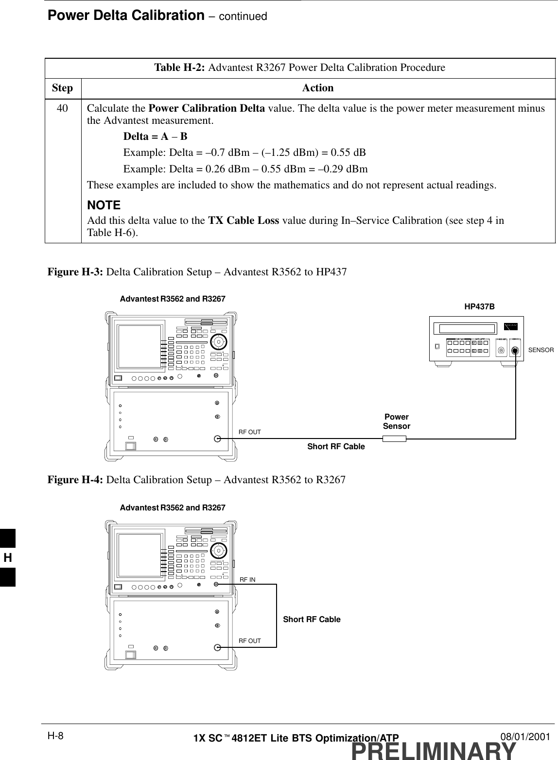 Power Delta Calibration – continuedPRELIMINARY1X SCt4812ET Lite BTS Optimization/ATP 08/01/2001H-8Table H-2: Advantest R3267 Power Delta Calibration ProcedureStep Action40 Calculate the Power Calibration Delta value. The delta value is the power meter measurement minusthe Advantest measurement.Delta = A – BExample: Delta = –0.7 dBm – (–1.25 dBm) = 0.55 dBExample: Delta = 0.26 dBm – 0.55 dBm = –0.29 dBmThese examples are included to show the mathematics and do not represent actual readings.NOTEAdd this delta value to the TX Cable Loss value during In–Service Calibration (see step 4 inTable H-6). Figure H-3: Delta Calibration Setup – Advantest R3562 to HP437PowerSensorAdvantest R3562 and R3267Short RF CableHP437BSENSORRF OUTFigure H-4: Delta Calibration Setup – Advantest R3562 to R3267Advantest R3562 and R3267Short RF CableRF OUTRF INH