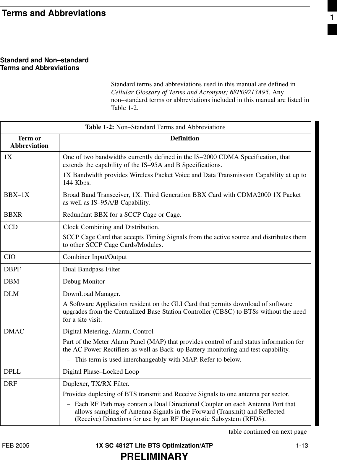 Terms and AbbreviationsFEB 2005 1X SC 4812T Lite BTS Optimization/ATP  1-13PRELIMINARYStandard and Non–standardTerms and AbbreviationsStandard terms and abbreviations used in this manual are defined inCellular Glossary of Terms and Acronyms; 68P09213A95. Anynon–standard terms or abbreviations included in this manual are listed inTable 1-2.Table 1-2: Non–Standard Terms and AbbreviationsTerm orAbbreviation Definition1X One of two bandwidths currently defined in the IS–2000 CDMA Specification, thatextends the capability of the IS–95A and B Specifications.1X Bandwidth provides Wireless Packet Voice and Data Transmission Capability at up to144 Kbps.BBX–1X Broad Band Transceiver, 1X. Third Generation BBX Card with CDMA2000 1X Packetas well as IS–95A/B Capability.BBXR Redundant BBX for a SCCP Cage or Cage.CCD Clock Combining and Distribution.SCCP Cage Card that accepts Timing Signals from the active source and distributes themto other SCCP Cage Cards/Modules.CIO Combiner Input/OutputDBPF Dual Bandpass FilterDBM Debug MonitorDLM DownLoad Manager.A Software Application resident on the GLI Card that permits download of softwareupgrades from the Centralized Base Station Controller (CBSC) to BTSs without the needfor a site visit.DMAC Digital Metering, Alarm, ControlPart of the Meter Alarm Panel (MAP) that provides control of and status information forthe AC Power Rectifiers as well as Back–up Battery monitoring and test capability.– This term is used interchangeably with MAP. Refer to below.DPLL Digital Phase–Locked LoopDRF Duplexer, TX/RX Filter.Provides duplexing of BTS transmit and Receive Signals to one antenna per sector.– Each RF Path may contain a Dual Directional Coupler on each Antenna Port thatallows sampling of Antenna Signals in the Forward (Transmit) and Reflected(Receive) Directions for use by an RF Diagnostic Subsystem (RFDS).table continued on next page1