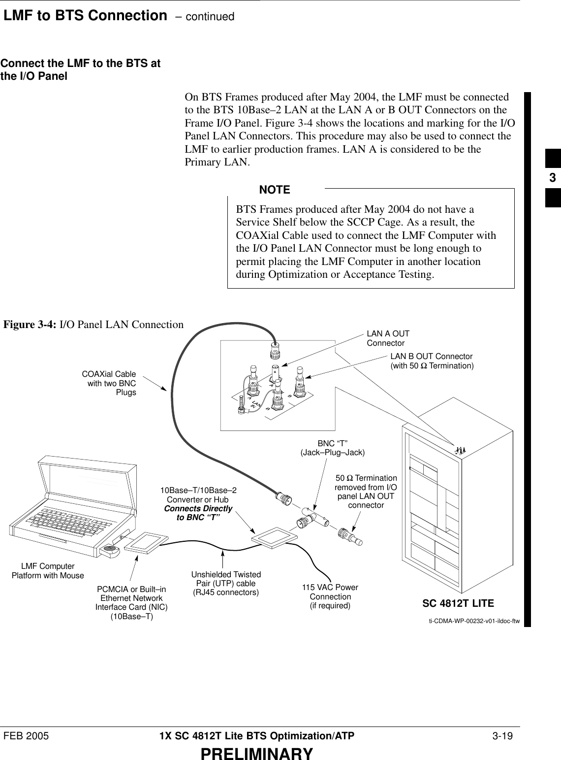 LMF to BTS Connection  – continuedFEB 2005 1X SC 4812T Lite BTS Optimization/ATP  3-19PRELIMINARYConnect the LMF to the BTS atthe I/O PanelOn BTS Frames produced after May 2004, the LMF must be connectedto the BTS 10Base–2 LAN at the LAN A or B OUT Connectors on theFrame I/O Panel. Figure 3-4 shows the locations and marking for the I/OPanel LAN Connectors. This procedure may also be used to connect theLMF to earlier production frames. LAN A is considered to be thePrimary LAN.BTS Frames produced after May 2004 do not have aService Shelf below the SCCP Cage. As a result, theCOAXial Cable used to connect the LMF Computer withthe I/O Panel LAN Connector must be long enough topermit placing the LMF Computer in another locationduring Optimization or Acceptance Testing.NOTEFigure 3-4: I/O Panel LAN Connection10Base–T/10Base–2Converter or HubConnects Directlyto BNC “T”LMF ComputerPlatform with MousePCMCIA or Built–inEthernet NetworkInterface Card (NIC)(10Base–T)Unshielded TwistedPair (UTP) cable(RJ45 connectors) 115 VAC PowerConnection(if required)ti-CDMA-WP-00232-v01-ildoc-ftwSC 4812T LITE50 Ω Terminationremoved from I/Opanel LAN OUTconnectorBNC “T”(Jack–Plug–Jack)COAXial Cablewith two BNCPlugsLAN A OUTConnectorLAN B OUT Connector(with 50 Ω Termination)3