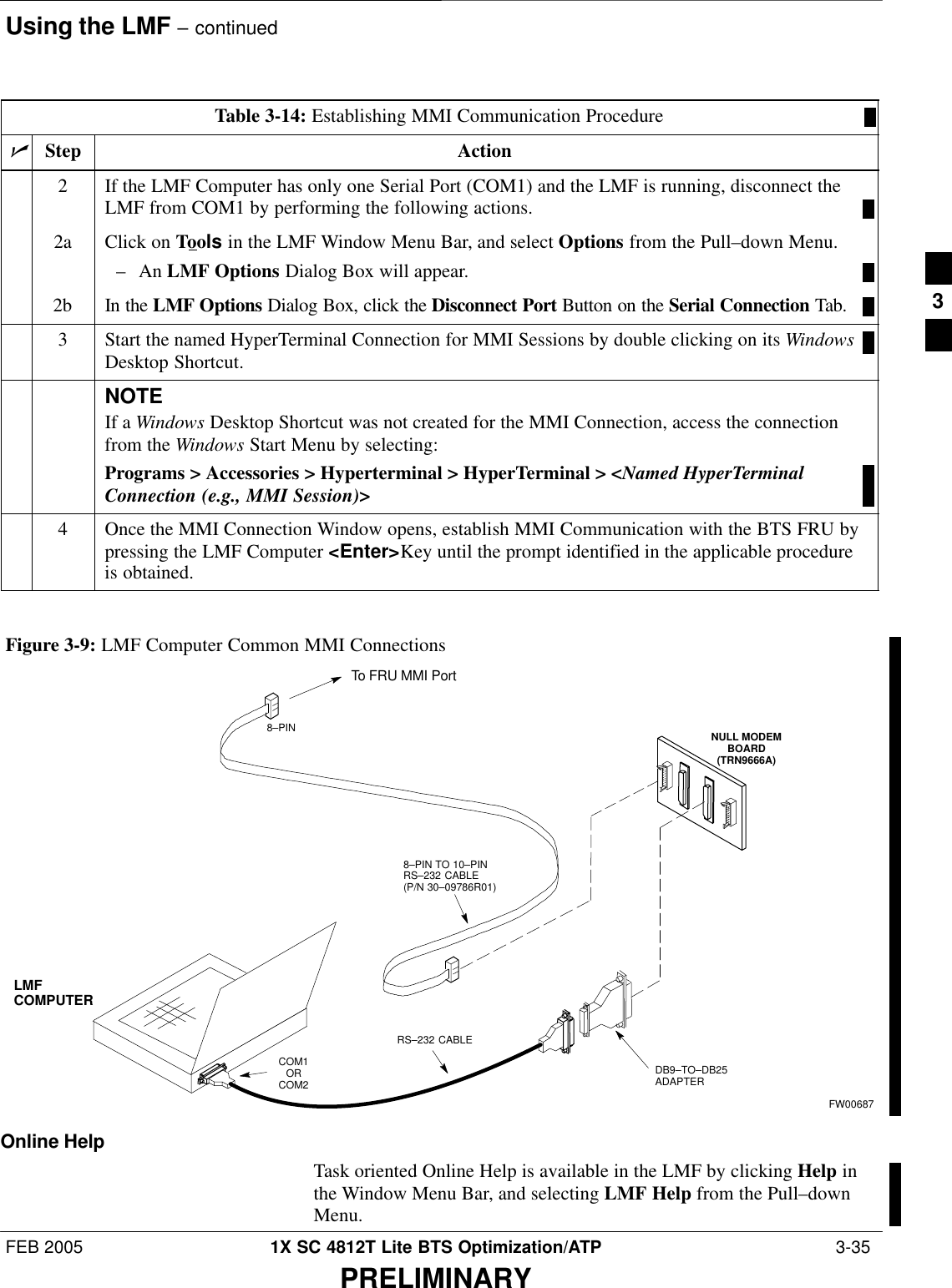 Using the LMF – continuedFEB 2005 1X SC 4812T Lite BTS Optimization/ATP  3-35PRELIMINARYTable 3-14: Establishing MMI Communication ProcedurenActionStep2If the LMF Computer has only one Serial Port (COM1) and the LMF is running, disconnect theLMF from COM1 by performing the following actions.2a Click on Tools in the LMF Window Menu Bar, and select Options from the Pull–down Menu.– An LMF Options Dialog Box will appear.2b In the LMF Options Dialog Box, click the Disconnect Port Button on the Serial Connection Tab.3Start the named HyperTerminal Connection for MMI Sessions by double clicking on its WindowsDesktop Shortcut.NOTEIf a Windows Desktop Shortcut was not created for the MMI Connection, access the connectionfrom the Windows Start Menu by selecting:Programs &gt; Accessories &gt; Hyperterminal &gt; HyperTerminal &gt; &lt;Named HyperTerminalConnection (e.g., MMI Session)&gt;4Once the MMI Connection Window opens, establish MMI Communication with the BTS FRU bypressing the LMF Computer &lt;Enter&gt;Key until the prompt identified in the applicable procedureis obtained. NULL MODEMBOARD(TRN9666A)8–PIN TO 10–PINRS–232 CABLE(P/N 30–09786R01)RS–232 CABLE8–PINLMFCOMPUTERTo FRU MMI PortDB9–TO–DB25ADAPTERCOM1ORCOM2FW00687Figure 3-9: LMF Computer Common MMI ConnectionsOnline HelpTask oriented Online Help is available in the LMF by clicking Help inthe Window Menu Bar, and selecting LMF Help from the Pull–downMenu.3