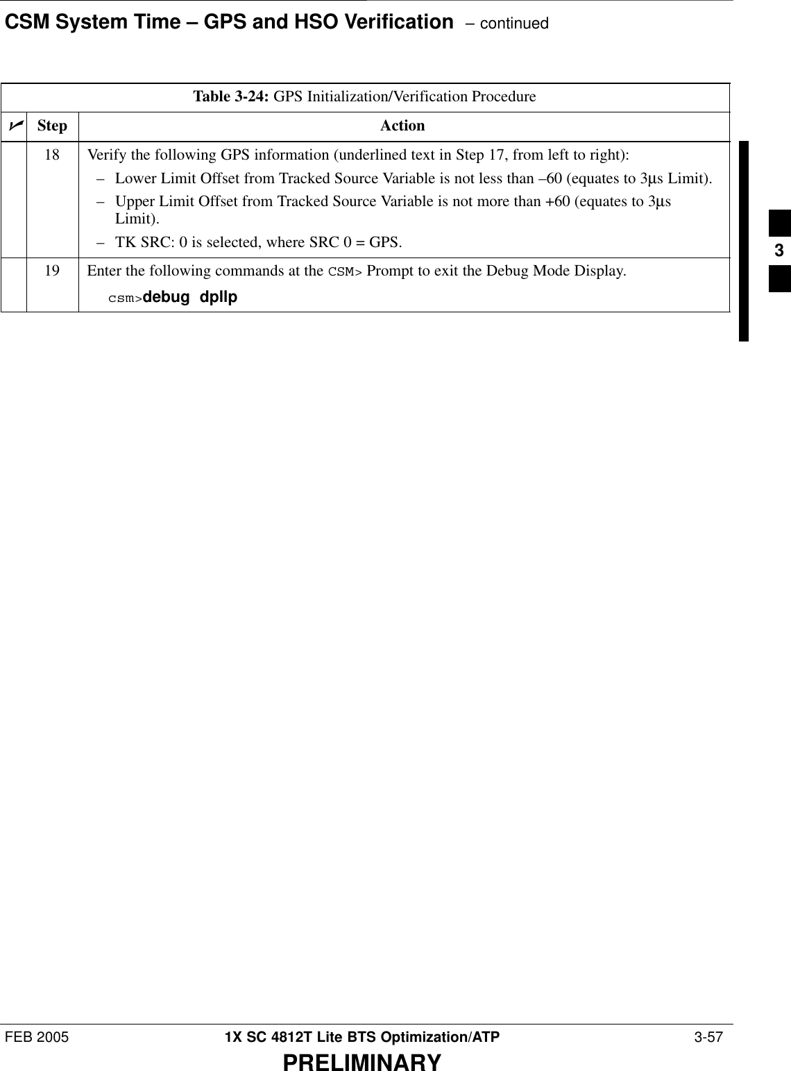 CSM System Time – GPS and HSO Verification  – continuedFEB 2005 1X SC 4812T Lite BTS Optimization/ATP  3-57PRELIMINARYTable 3-24: GPS Initialization/Verification ProcedurenActionStep18 Verify the following GPS information (underlined text in Step 17, from left to right):– Lower Limit Offset from Tracked Source Variable is not less than –60 (equates to 3µs Limit).– Upper Limit Offset from Tracked Source Variable is not more than +60 (equates to 3µsLimit).– TK SRC: 0 is selected, where SRC 0 = GPS.19 Enter the following commands at the CSM&gt; Prompt to exit the Debug Mode Display.csm&gt;debug  dpllp 3
