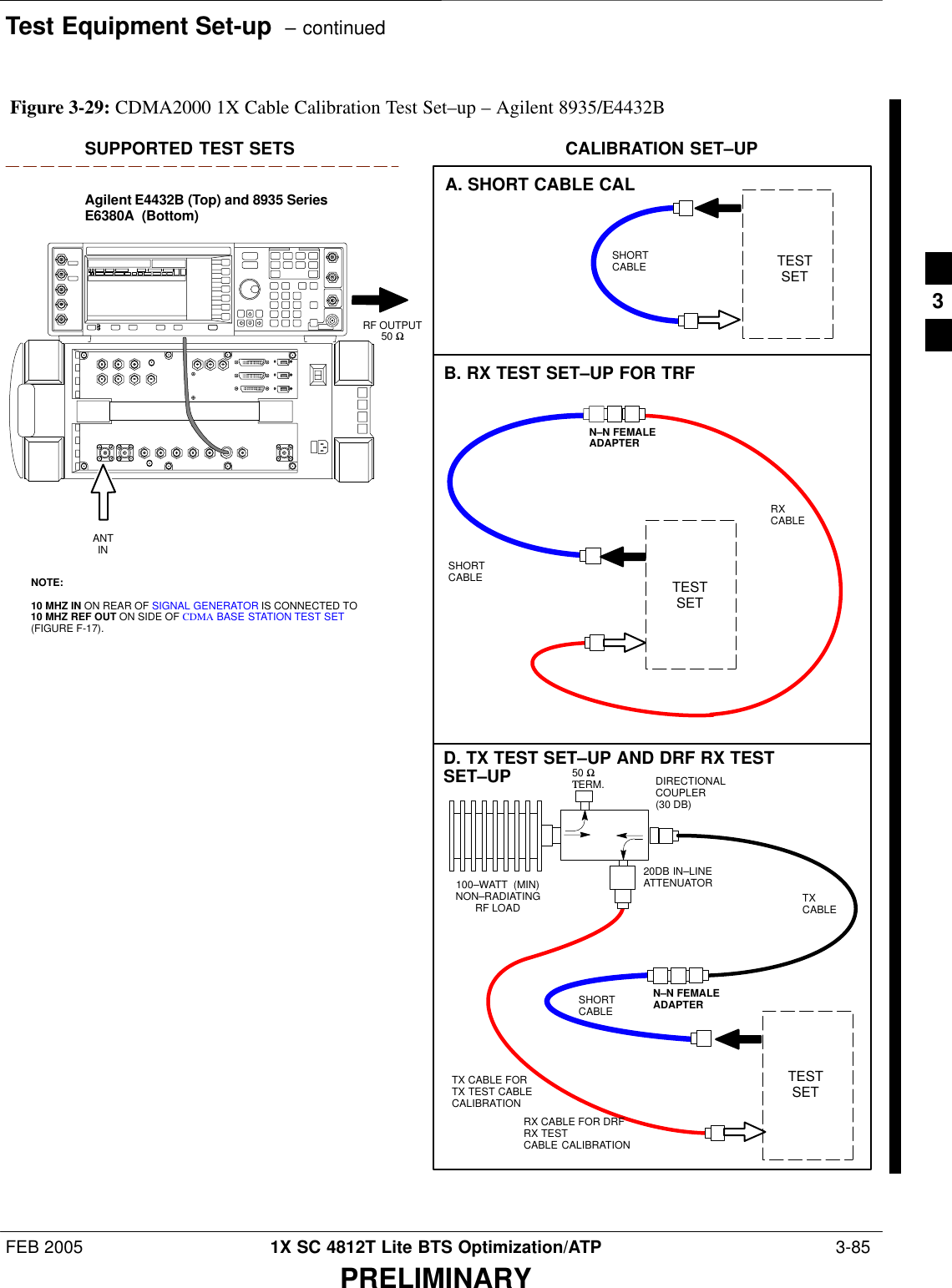 Test Equipment Set-up  – continuedFEB 2005 1X SC 4812T Lite BTS Optimization/ATP  3-85PRELIMINARYTESTSETA. SHORT CABLE CALSHORTCABLEB. RX TEST SET–UP FOR TRFCALIBRATION SET–UPTESTSETRXCABLESHORTCABLEN–N FEMALEADAPTERSUPPORTED TEST SETSAgilent E4432B (Top) and 8935 SeriesE6380A  (Bottom)NOTE:10 MHZ IN ON REAR OF SIGNAL GENERATOR IS CONNECTED TO10 MHZ REF OUT ON SIDE OF CDMA BASE STATION TEST SET(FIGURE F-17).RF OUTPUT50 Ω100–WATT  (MIN)NON–RADIATINGRF LOADTESTSETD. TX TEST SET–UP AND DRF RX TESTSET–UP20DB IN–LINEATTENUATORN–N FEMALEADAPTERTXCABLESHORTCABLEDIRECTIONALCOUPLER (30 DB)50 ΩΤERM.TX CABLE FORTX TEST CABLECALIBRATIONRX CABLE FOR DRFRX TESTCABLE CALIBRATIONANTINFigure 3-29: CDMA2000 1X Cable Calibration Test Set–up – Agilent 8935/E4432B3