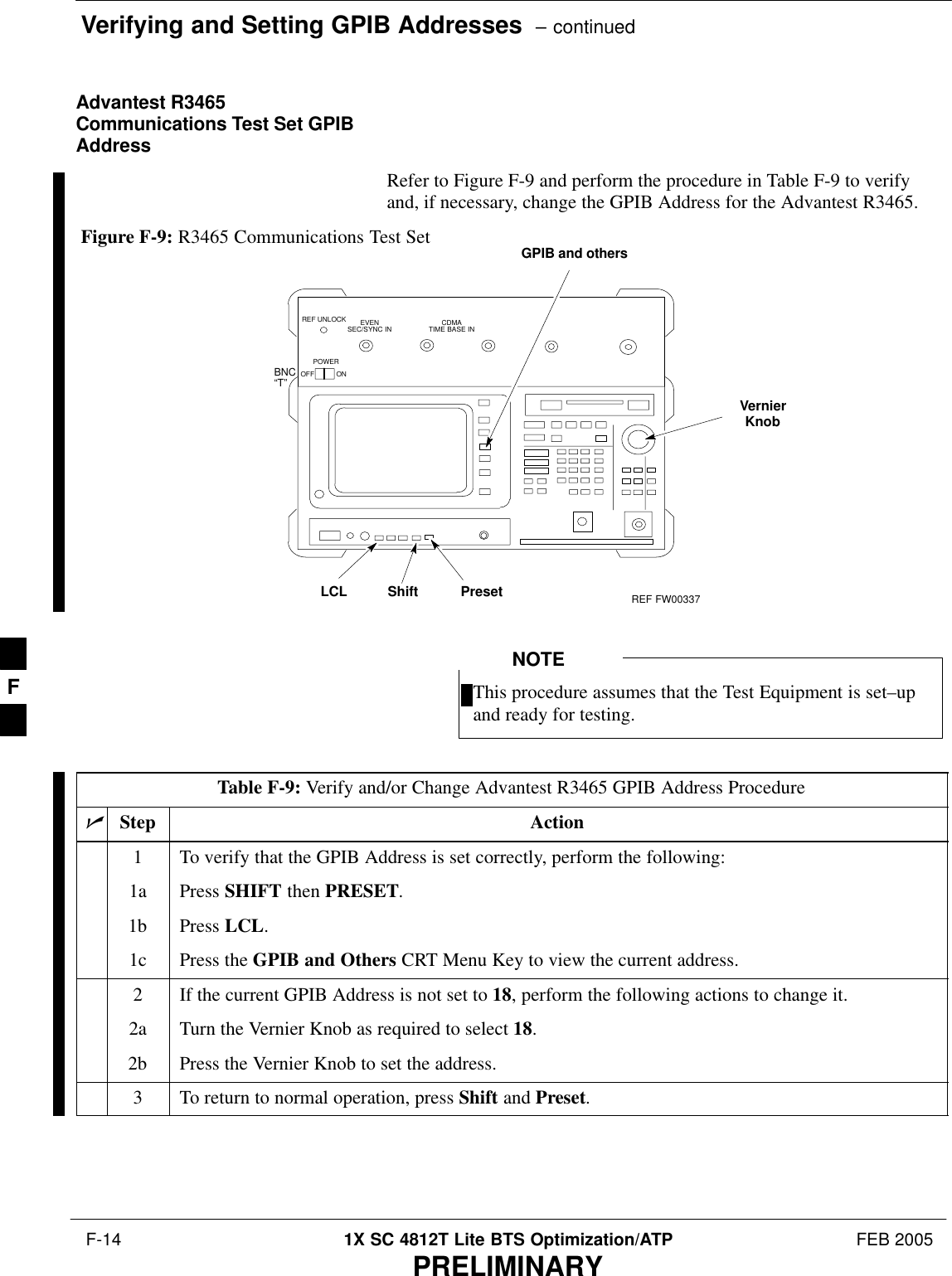 Verifying and Setting GPIB Addresses  – continued F-14 1X SC 4812T Lite BTS Optimization/ATP FEB 2005PRELIMINARYAdvantest R3465Communications Test Set GPIBAddressRefer to Figure F-9 and perform the procedure in Table F-9 to verifyand, if necessary, change the GPIB Address for the Advantest R3465.BNC“T”REF UNLOCK EVENSEC/SYNC IN CDMATIME BASE INPOWEROFF ONREF FW00337LCL Shift PresetGPIB and othersVernierKnobFigure F-9: R3465 Communications Test SetThis procedure assumes that the Test Equipment is set–upand ready for testing.NOTETable F-9: Verify and/or Change Advantest R3465 GPIB Address ProcedurenStep Action1To verify that the GPIB Address is set correctly, perform the following:1a Press SHIFT then PRESET.1b Press LCL.1c Press the GPIB and Others CRT Menu Key to view the current address.2If the current GPIB Address is not set to 18, perform the following actions to change it.2a Turn the Vernier Knob as required to select 18.2b Press the Vernier Knob to set the address.3To return to normal operation, press Shift and Preset.F