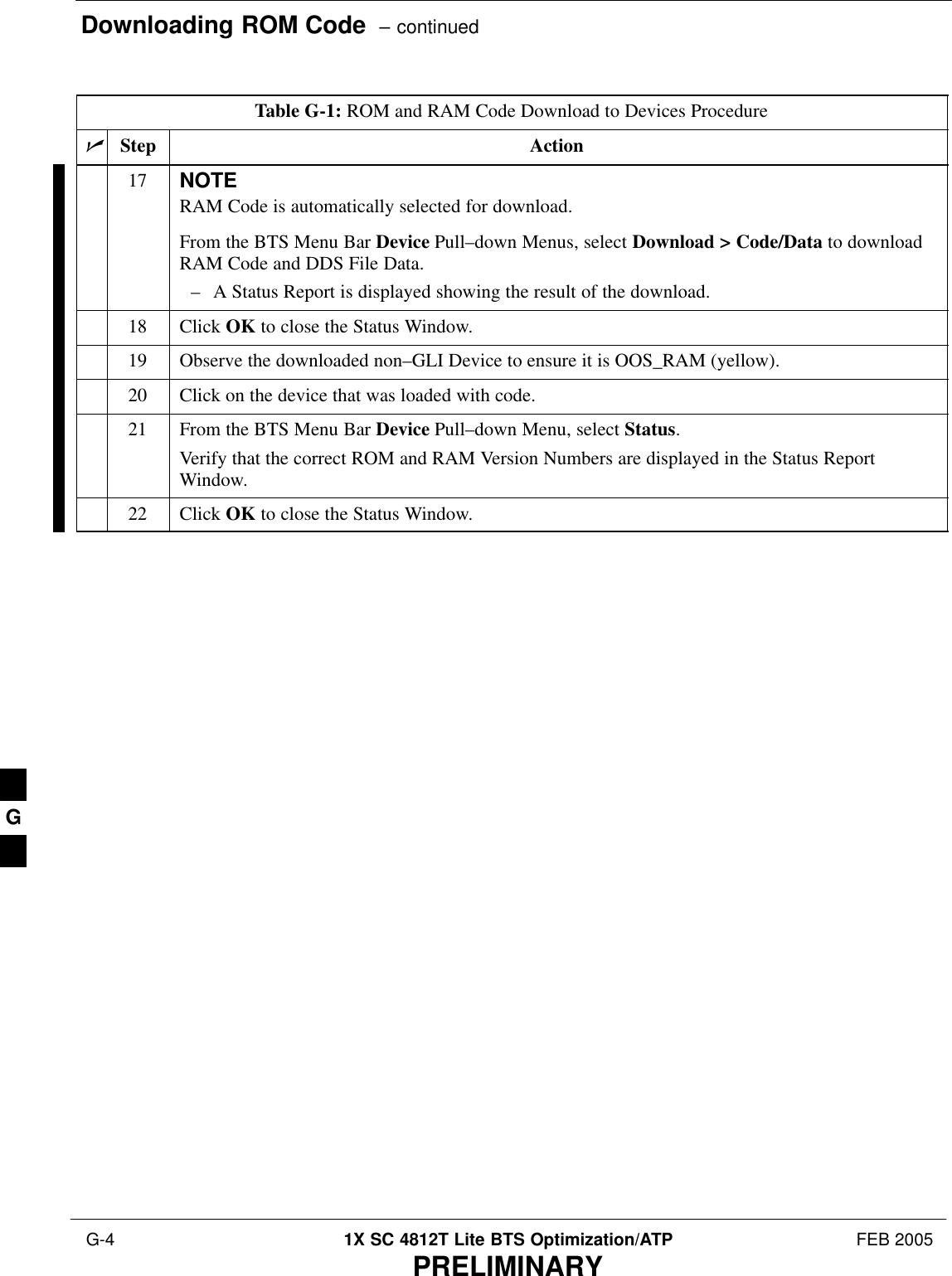 Downloading ROM Code  – continued G-4 1X SC 4812T Lite BTS Optimization/ATP FEB 2005PRELIMINARYTable G-1: ROM and RAM Code Download to Devices ProcedurenActionStep17 NOTERAM Code is automatically selected for download.From the BTS Menu Bar Device Pull–down Menus, select Download &gt; Code/Data to downloadRAM Code and DDS File Data.– A Status Report is displayed showing the result of the download.18 Click OK to close the Status Window.19 Observe the downloaded non–GLI Device to ensure it is OOS_RAM (yellow).20 Click on the device that was loaded with code.21 From the BTS Menu Bar Device Pull–down Menu, select Status.Verify that the correct ROM and RAM Version Numbers are displayed in the Status ReportWindow.22 Click OK to close the Status Window. G