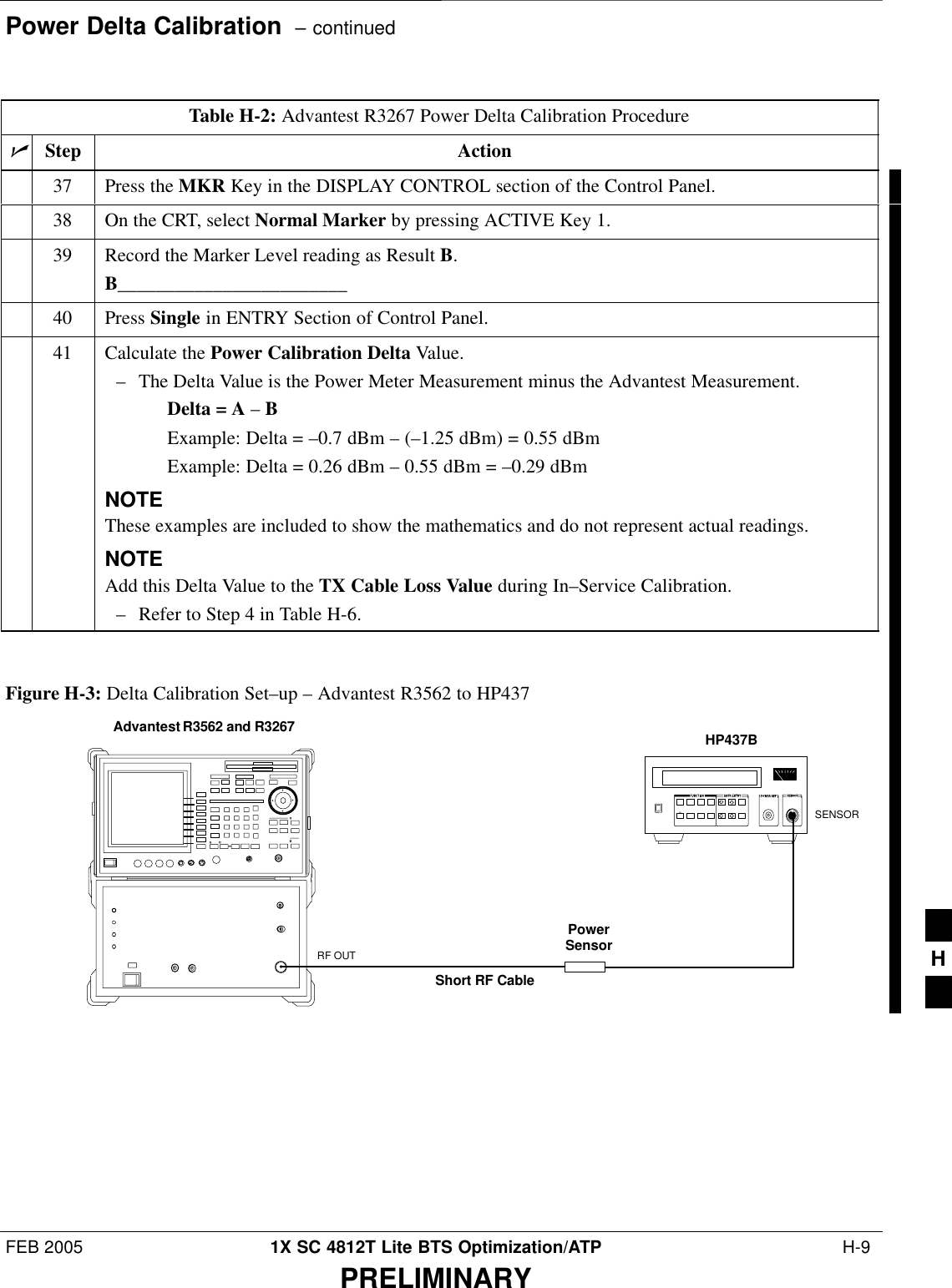 Power Delta Calibration  – continuedFEB 2005 1X SC 4812T Lite BTS Optimization/ATP  H-9PRELIMINARYTable H-2: Advantest R3267 Power Delta Calibration ProcedurenActionStep37 Press the MKR Key in the DISPLAY CONTROL section of the Control Panel.38 On the CRT, select Normal Marker by pressing ACTIVE Key 1.39 Record the Marker Level reading as Result B.B________________________40 Press Single in ENTRY Section of Control Panel.41 Calculate the Power Calibration Delta Value.– The Delta Value is the Power Meter Measurement minus the Advantest Measurement.Delta = A – BExample: Delta = –0.7 dBm – (–1.25 dBm) = 0.55 dBmExample: Delta = 0.26 dBm – 0.55 dBm = –0.29 dBmNOTEThese examples are included to show the mathematics and do not represent actual readings.NOTEAdd this Delta Value to the TX Cable Loss Value during In–Service Calibration.– Refer to Step 4 in Table H-6. PowerSensorAdvantest R3562 and R3267Short RF CableHP437BSENSORRF OUTFigure H-3: Delta Calibration Set–up – Advantest R3562 to HP437H