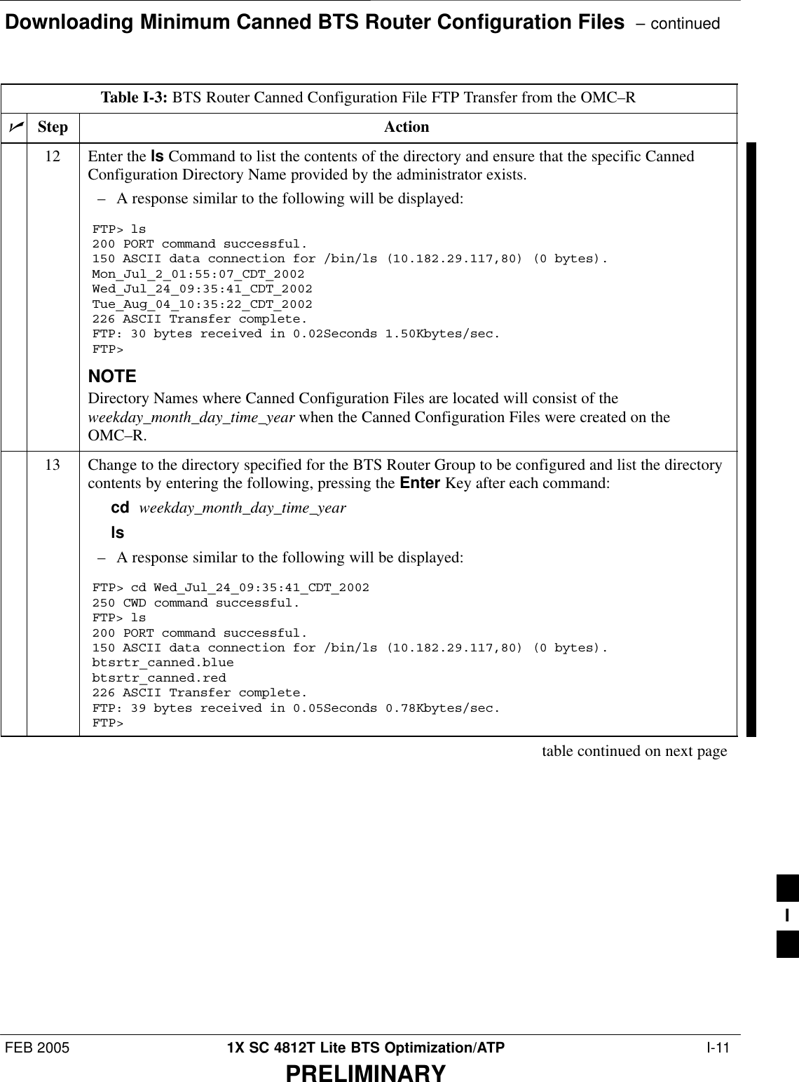 Downloading Minimum Canned BTS Router Configuration Files  – continuedFEB 2005 1X SC 4812T Lite BTS Optimization/ATP  I-11PRELIMINARYTable I-3: BTS Router Canned Configuration File FTP Transfer from the OMC–RnActionStep12 Enter the ls Command to list the contents of the directory and ensure that the specific CannedConfiguration Directory Name provided by the administrator exists.– A response similar to the following will be displayed:FTP&gt; ls200 PORT command successful.150 ASCII data connection for /bin/ls (10.182.29.117,80) (0 bytes).Mon_Jul_2_01:55:07_CDT_2002Wed_Jul_24_09:35:41_CDT_2002Tue_Aug_04_10:35:22_CDT_2002226 ASCII Transfer complete.FTP: 30 bytes received in 0.02Seconds 1.50Kbytes/sec.FTP&gt;NOTEDirectory Names where Canned Configuration Files are located will consist of theweekday_month_day_time_year when the Canned Configuration Files were created on theOMC–R.13 Change to the directory specified for the BTS Router Group to be configured and list the directorycontents by entering the following, pressing the Enter Key after each command:cd  weekday_month_day_time_yearls– A response similar to the following will be displayed:FTP&gt; cd Wed_Jul_24_09:35:41_CDT_2002250 CWD command successful.FTP&gt; ls200 PORT command successful.150 ASCII data connection for /bin/ls (10.182.29.117,80) (0 bytes).btsrtr_canned.bluebtsrtr_canned.red226 ASCII Transfer complete.FTP: 39 bytes received in 0.05Seconds 0.78Kbytes/sec.FTP&gt;table continued on next pageI