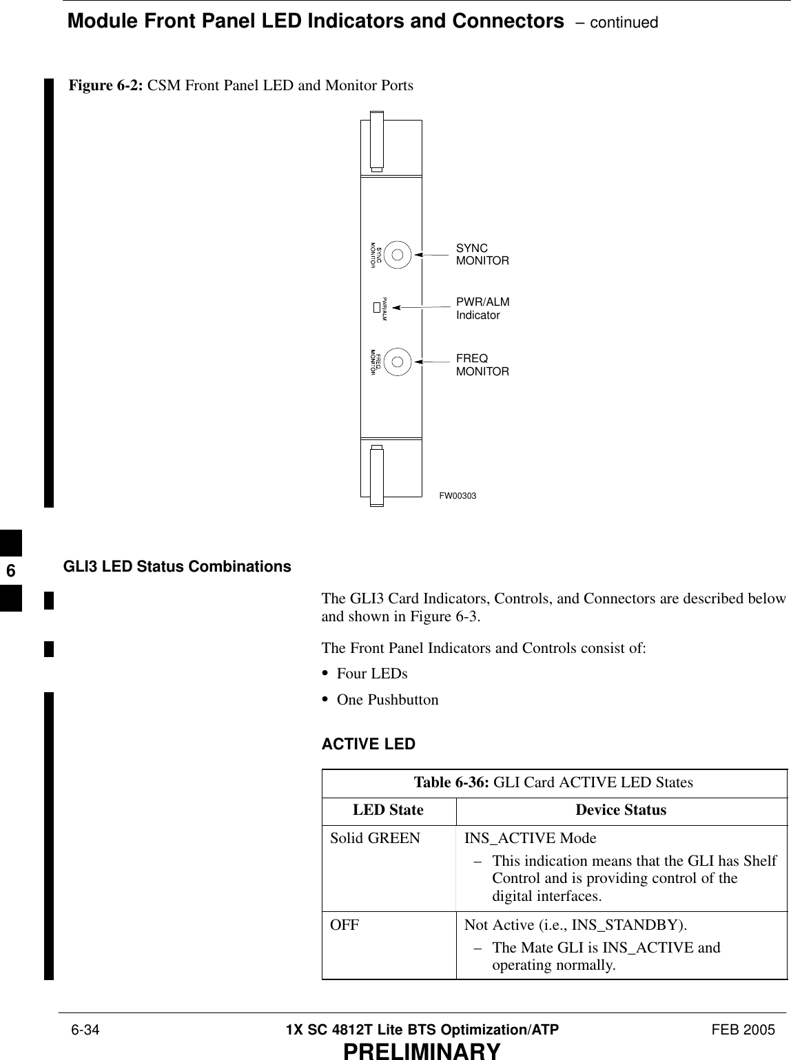 Module Front Panel LED Indicators and Connectors  – continued 6-34 1X SC 4812T Lite BTS Optimization/ATP FEB 2005PRELIMINARYPWR/ALMIndicatorFREQMONITORSYNCMONITORFW00303Figure 6-2: CSM Front Panel LED and Monitor PortsGLI3 LED Status CombinationsThe GLI3 Card Indicators, Controls, and Connectors are described belowand shown in Figure 6-3.The Front Panel Indicators and Controls consist of:SFour LEDsSOne PushbuttonACTIVE LEDTable 6-36: GLI Card ACTIVE LED StatesLED State Device StatusSolid GREEN INS_ACTIVE Mode– This indication means that the GLI has ShelfControl and is providing control of thedigital interfaces.OFF Not Active (i.e., INS_STANDBY).– The Mate GLI is INS_ACTIVE andoperating normally.6