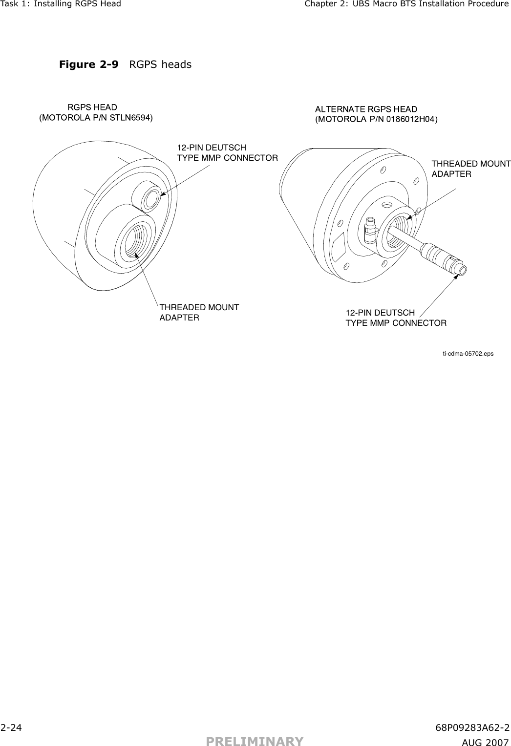 T ask 1: Installing RGPS Head Chapter 2: UBS Macro B T S Installation ProcedureFigure 2 -9 RGPS headsti-cdma-05702.epsTHREADED MOUNT ADAPTERTHREADED MOUNT ADAPTER 12-PIN DEUTSCH TYPE MMP CONNECTOR12-PIN DEUTSCH TYPE MMP CONNECTORALTERNATE RGPS HEAD (MOTOROLA P/N 0186012H04)             RGPS HEAD (MOTOROLA P/N STLN6594)2 -24 68P09283A62 -2PRELIMINARY A UG 2007